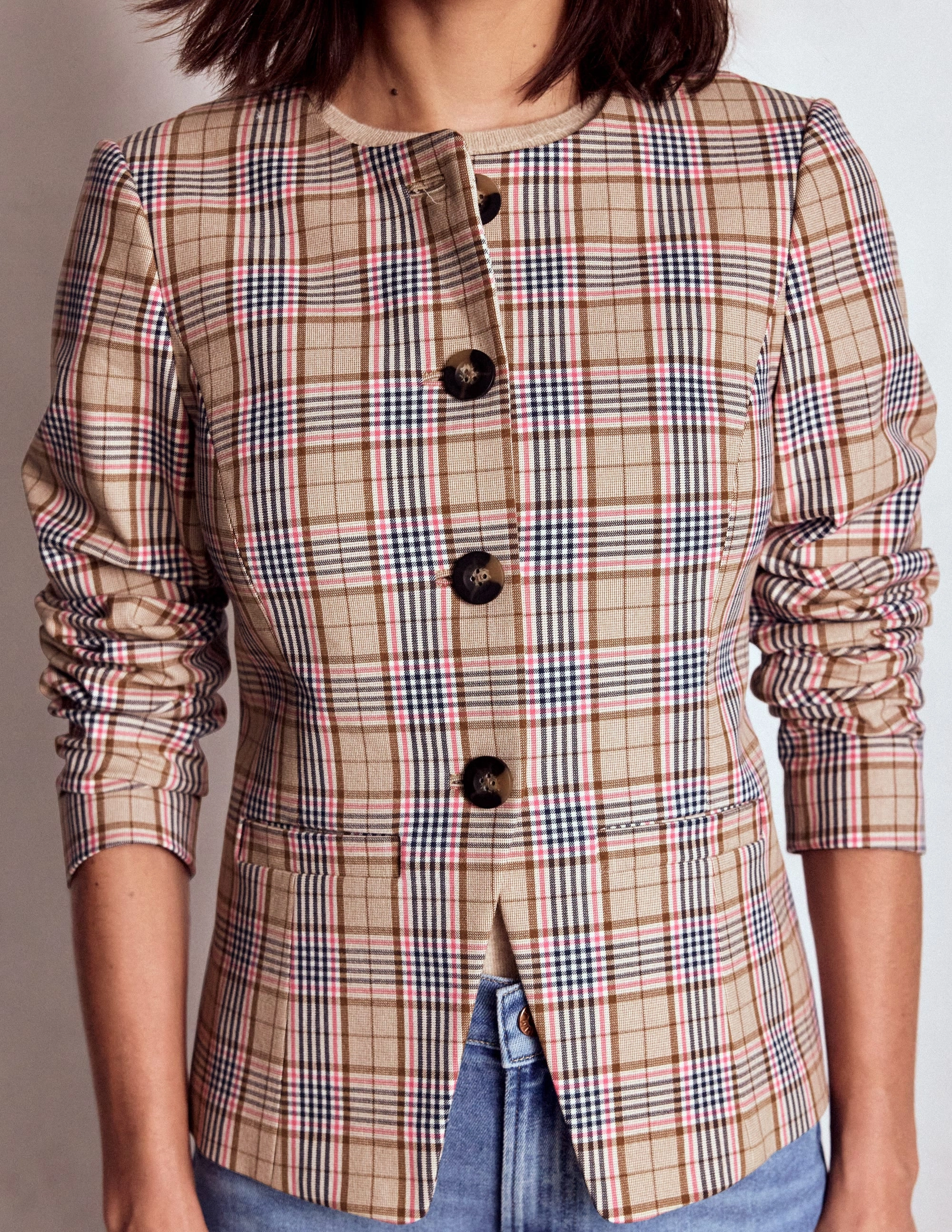 PFC Free Waterproofing Hampstead Check Blazer-Brown, Pink & Navy  Check