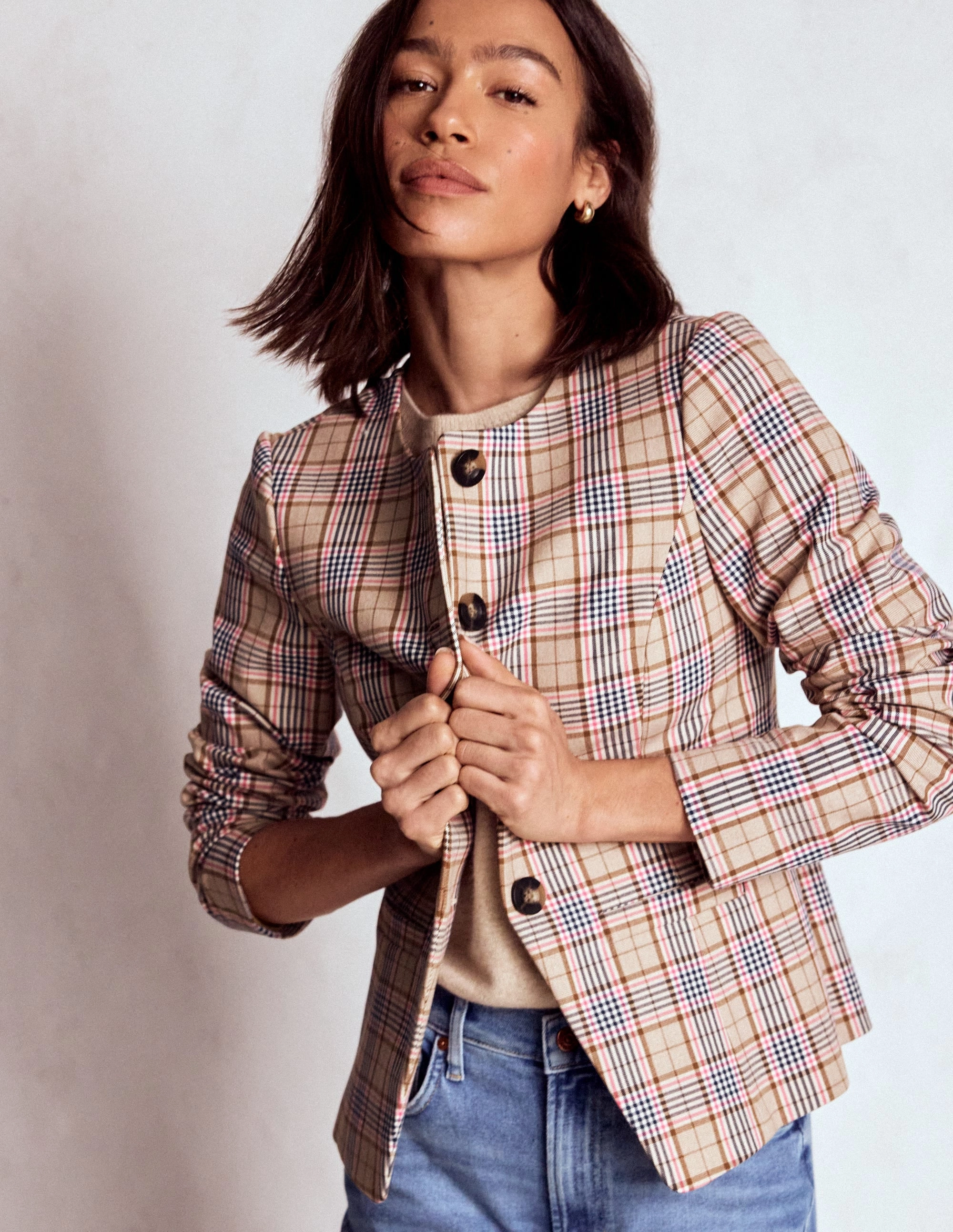Hampstead Check Blazer-Brown, Pink & Navy  Check Layer Essential Piece Mesh Lining