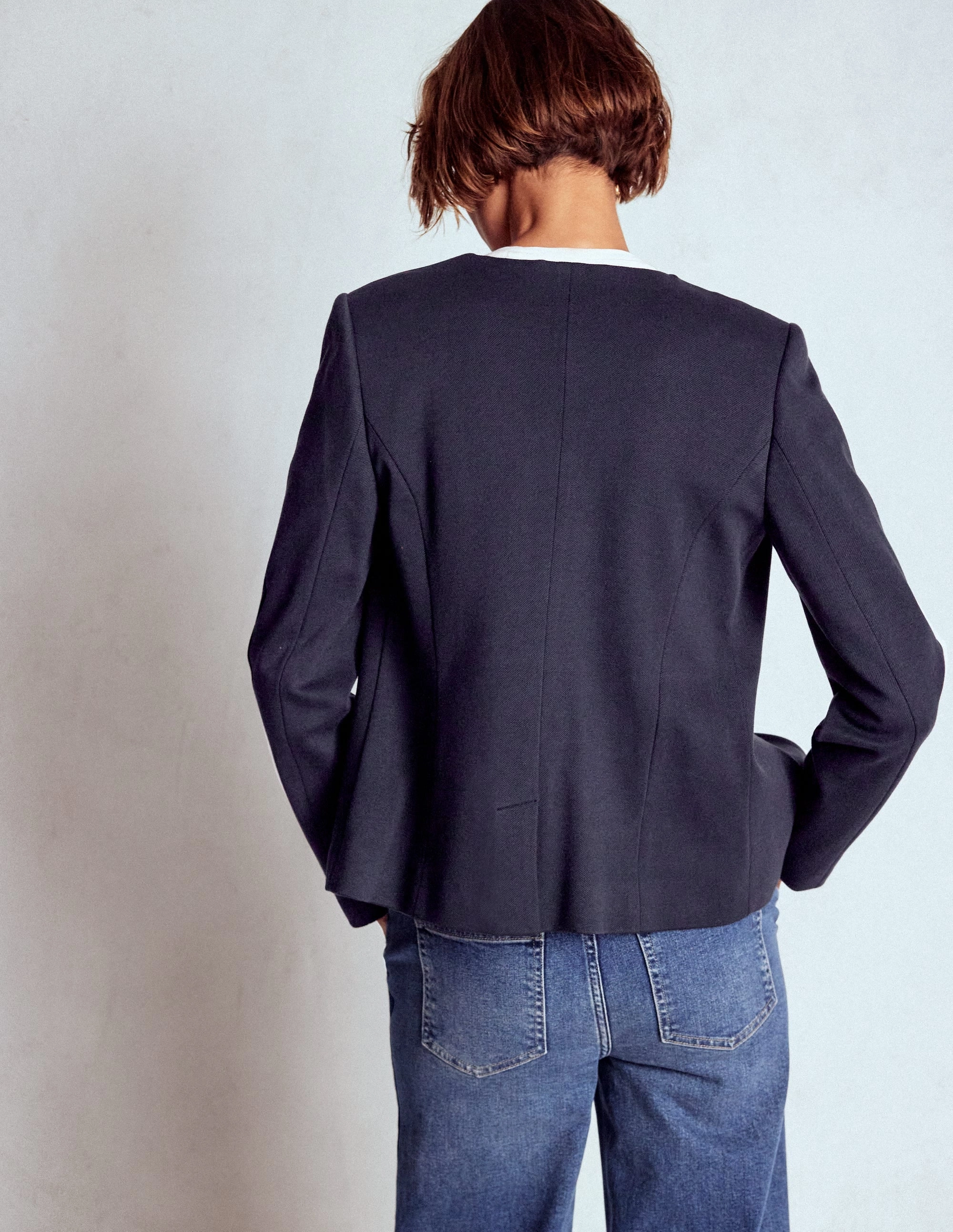 Hampstead Ponte Twill Blazer-Navy snap closure Flexible Shoulder Panels