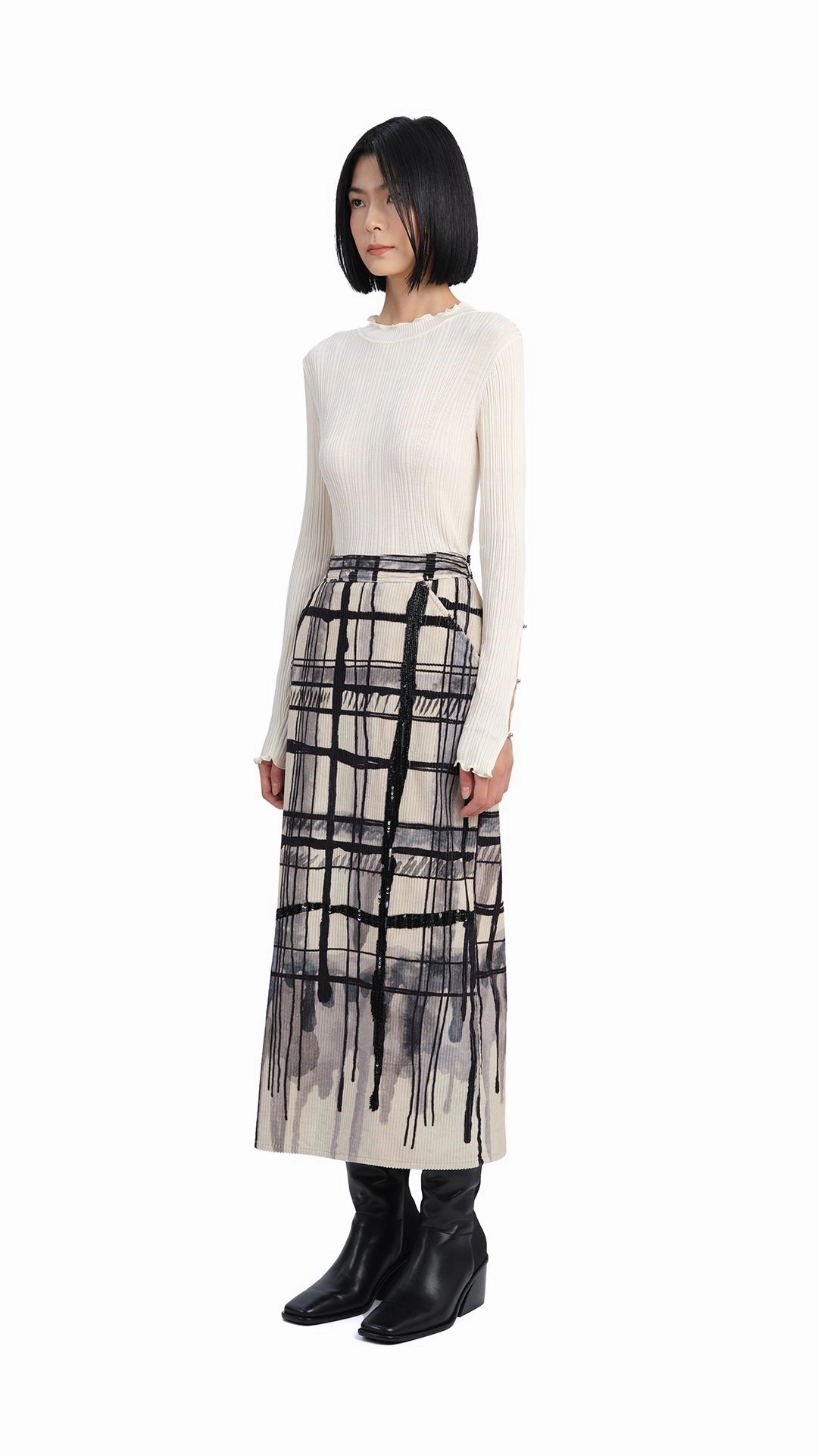 Handcrafted Checker Printed Corduroy Fishtail Skirt Street Attire