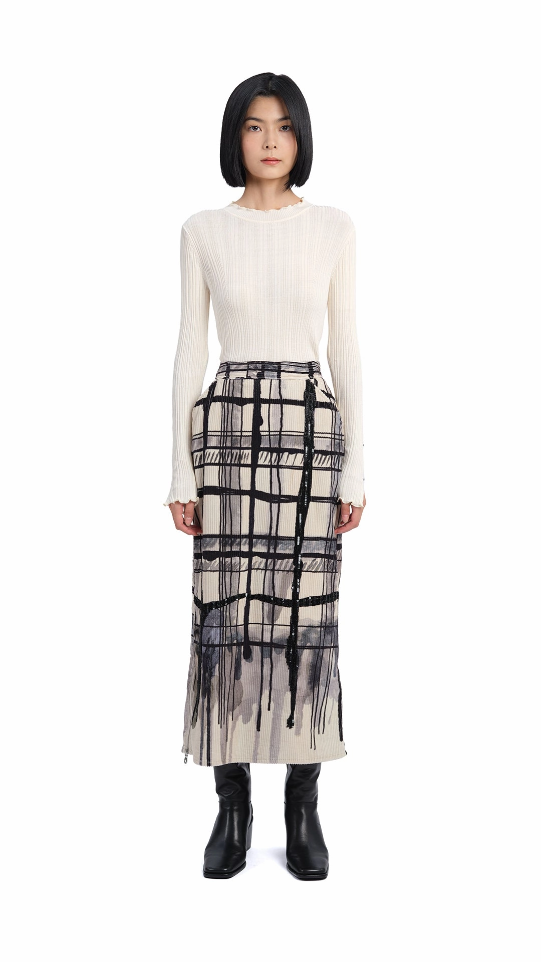 Handcrafted Checker Printed Corduroy Fishtail Skirt Relaxed Motion