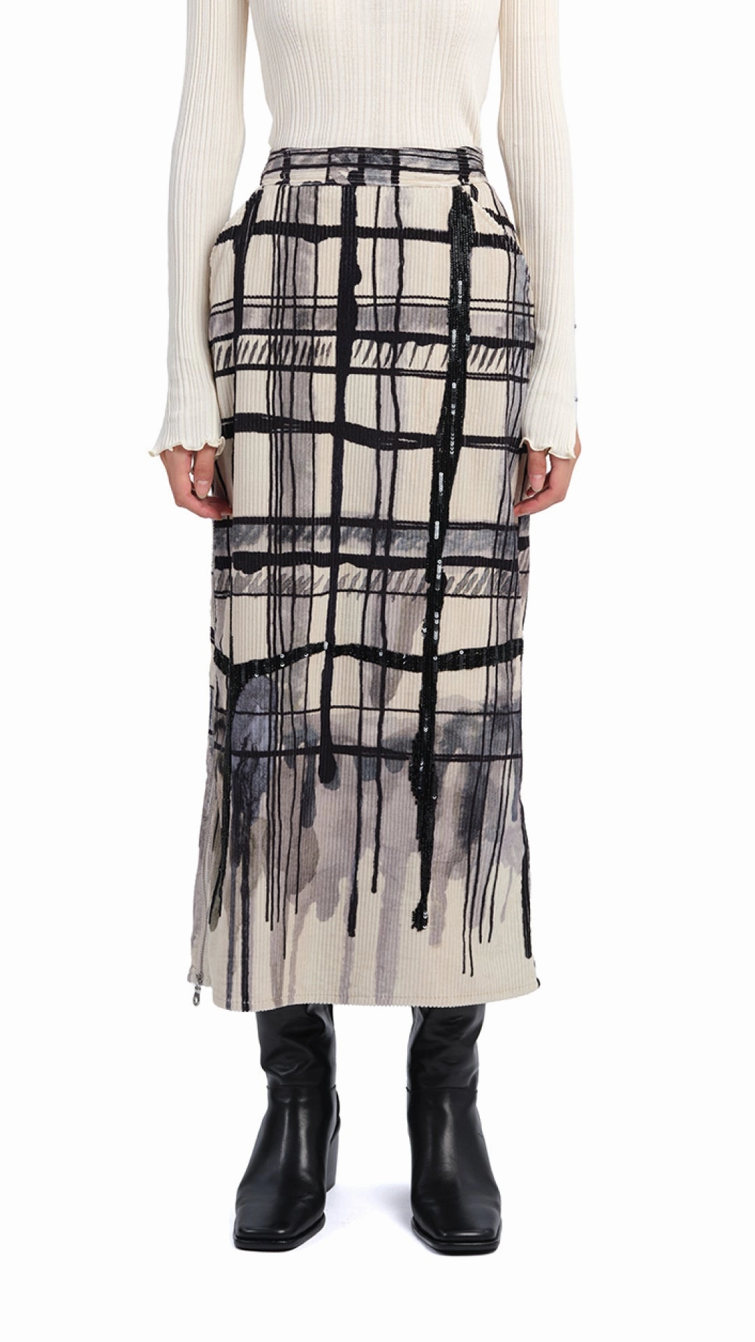 music concert Handcrafted Checker Printed Corduroy Fishtail Skirt