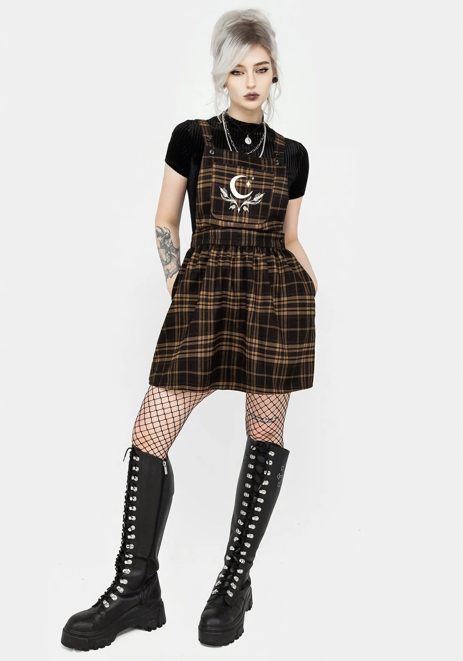 Versatile dress for layering Modern Staple Artume Embroidered Check Mini Pinafore Dress