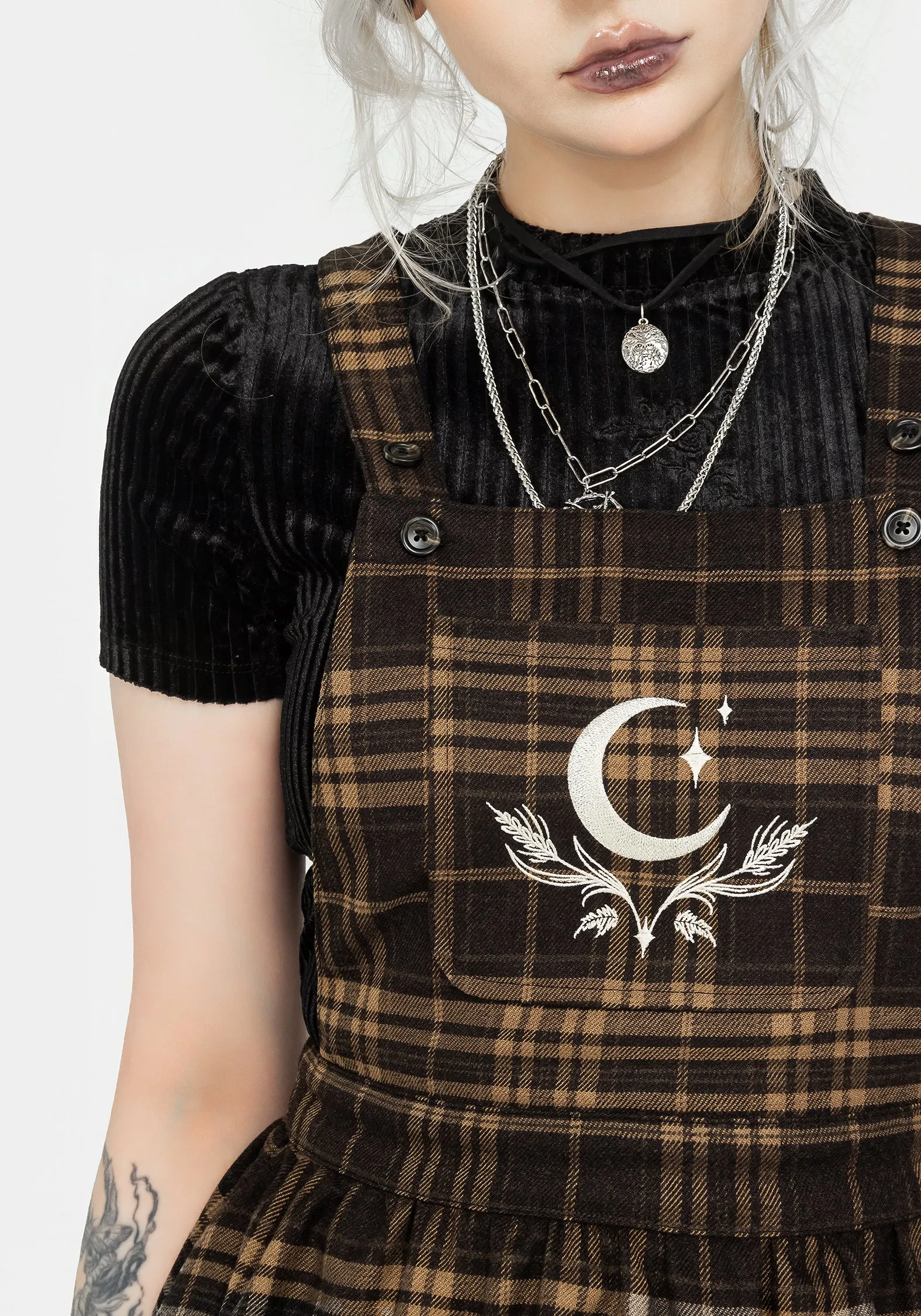 Smart Texture Artume Embroidered Check Mini Pinafore Dress