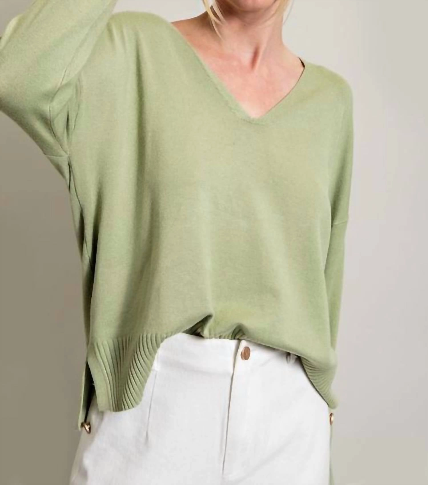 Harley V Neck Knit Top In Sage Warm Wardrobe