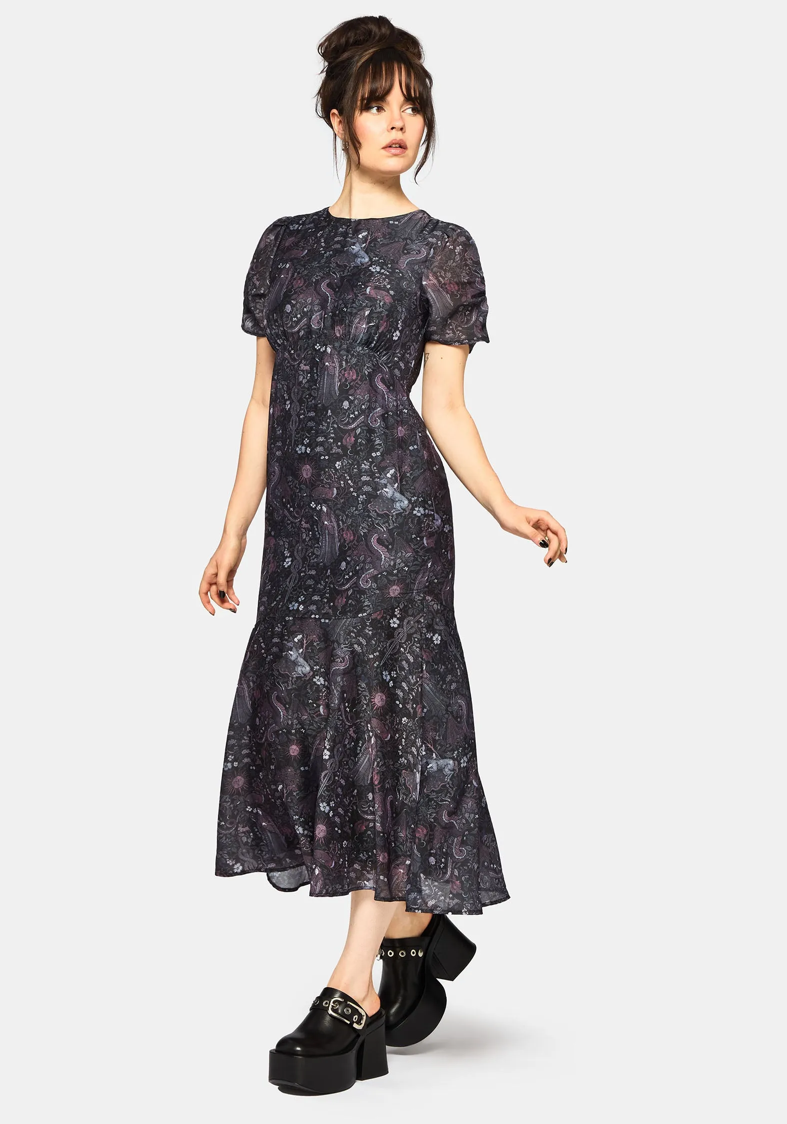 Outdoor Scene Haunt Medieval Print Chiffon Maxi Dress