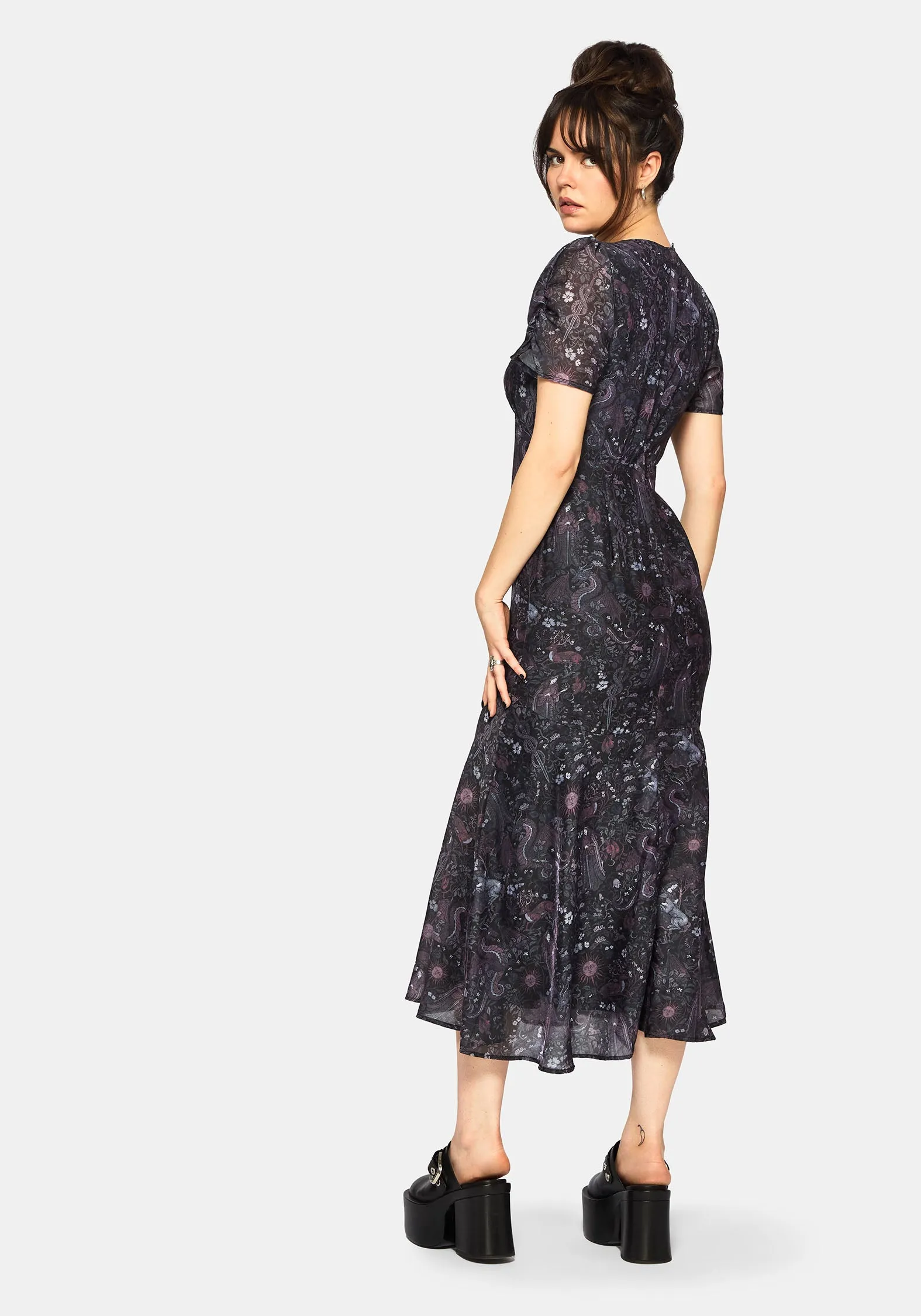 Chill Detail Haunt Medieval Print Chiffon Maxi Dress