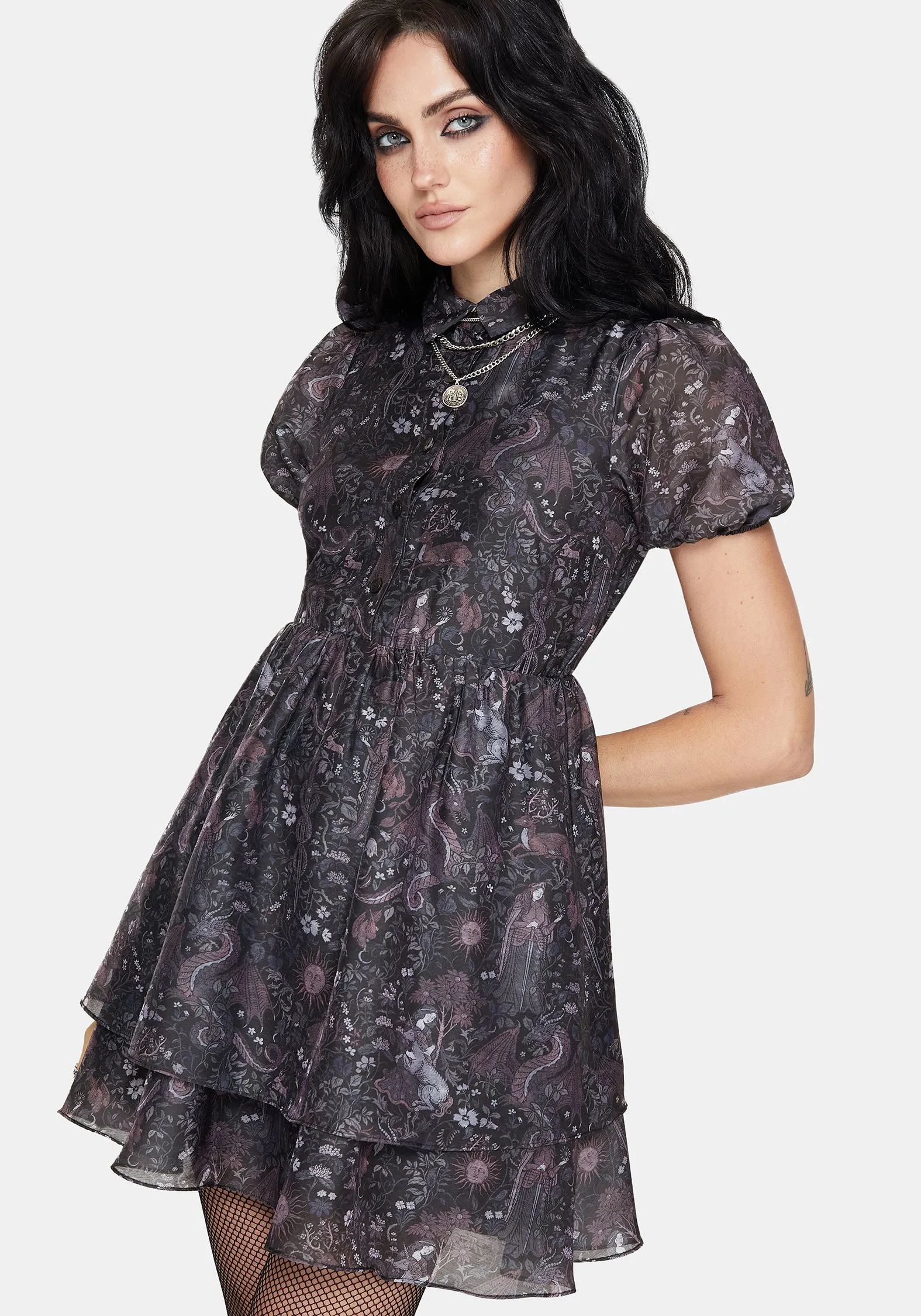 Haunt Medieval Print Chiffon Smocked Mini Dress Shine Dressy