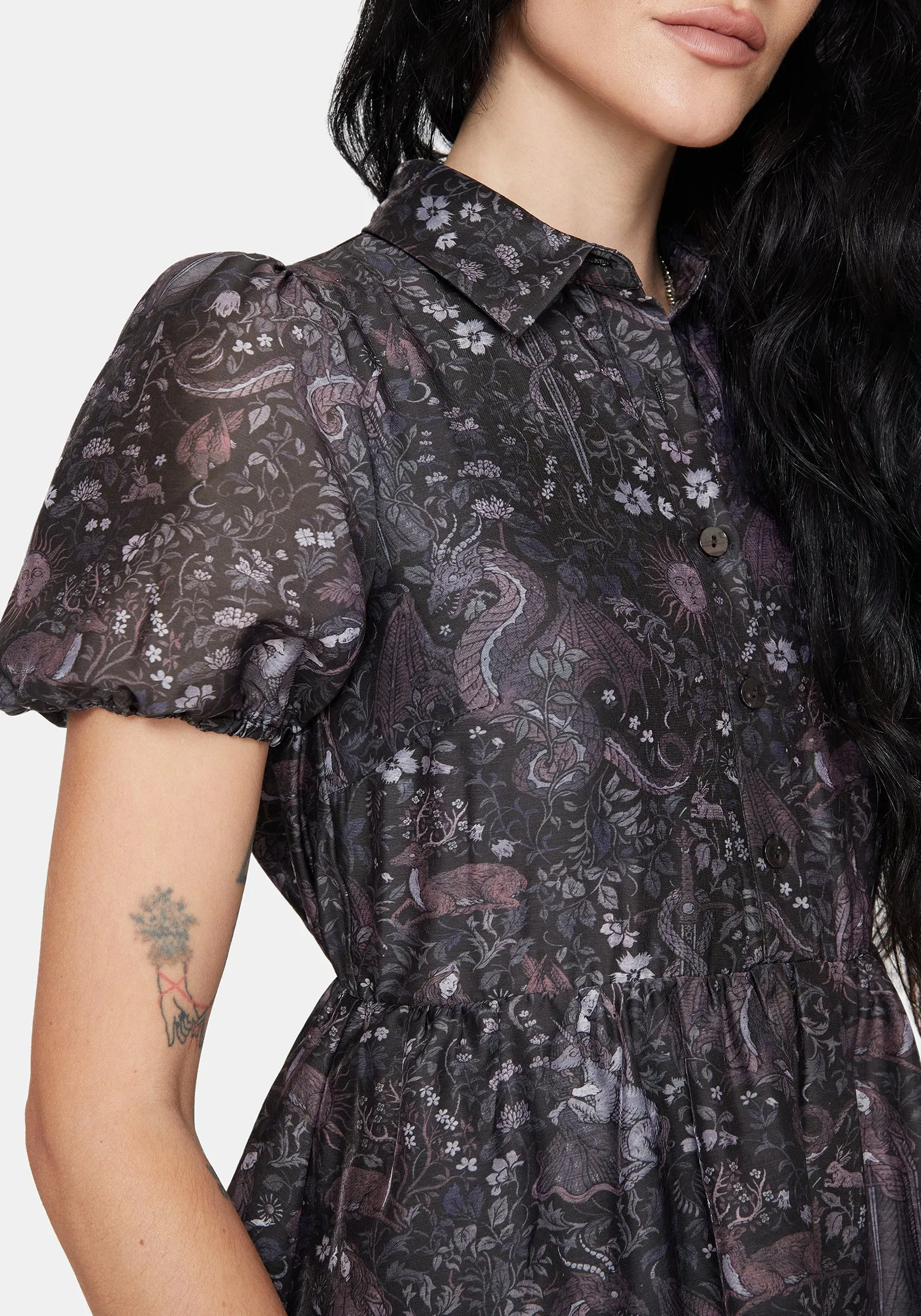 Haunt Medieval Print Chiffon Smocked Mini Dress Gift-Worthy Perfect Style Wear