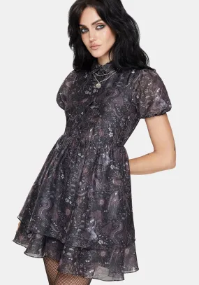 Haunt Medieval Print Chiffon Smocked Mini Dress Shine Dressy
