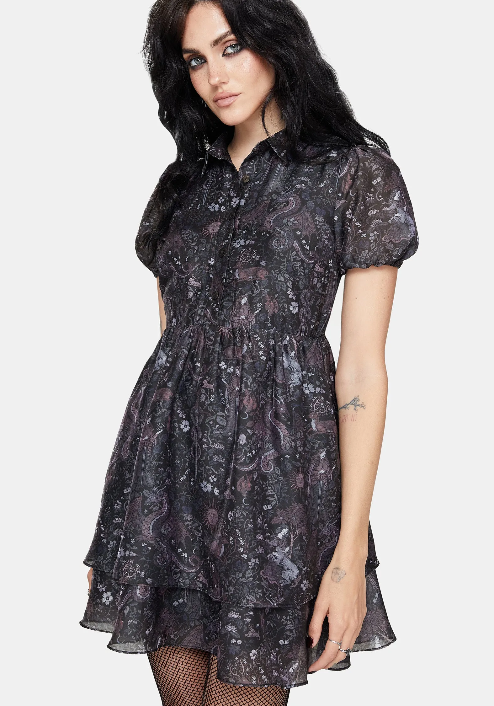 Stylish Look Everyday Comfort Haunt Medieval Print Chiffon Smocked Mini Dress