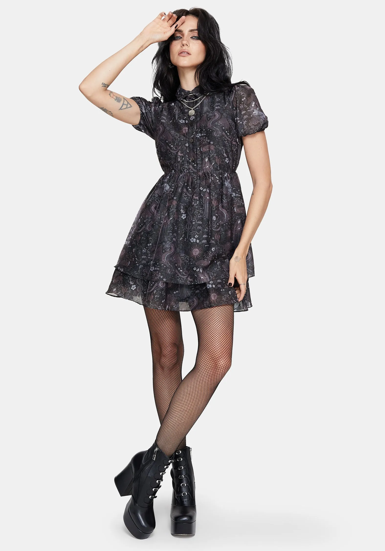 Haunt Medieval Print Chiffon Smocked Mini Dress Statement Look
