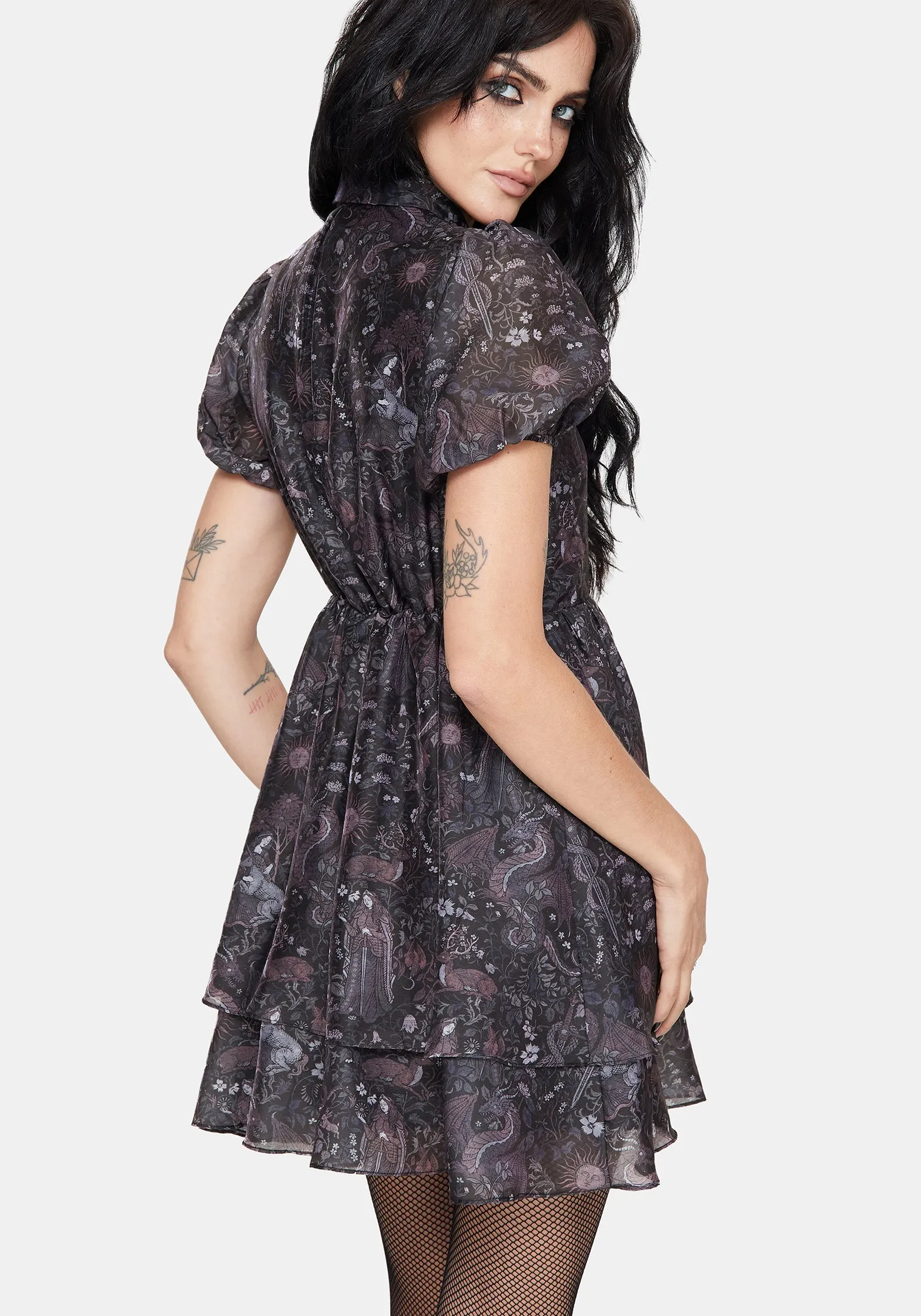 Effortless Fit Belted-Style Haunt Medieval Print Chiffon Smocked Mini Dress