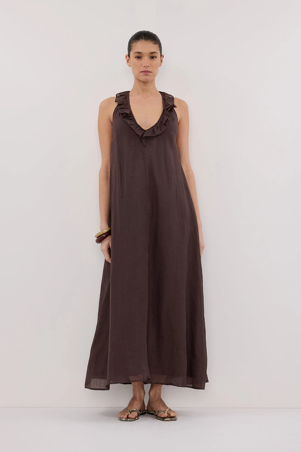 HAZEL DARK CHOC RAMIE SLEEVELESS MIDI DRESS Cafe Vibe