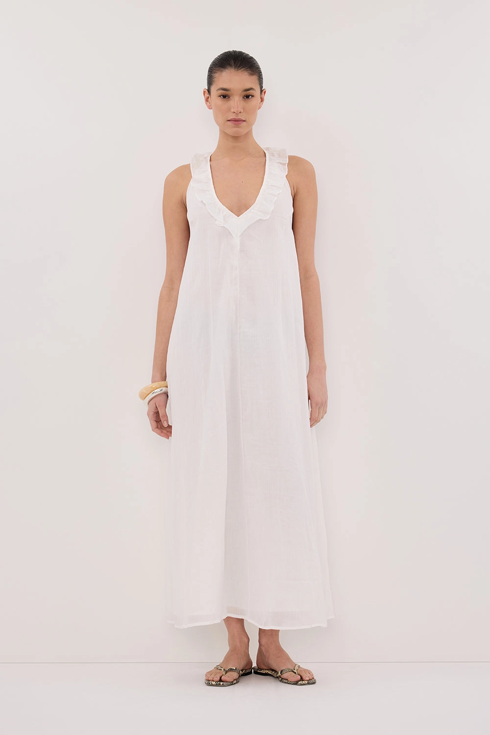 HAZEL WHITE RAMIE SLEEVELESS MIDI DRESS Smart Comfort