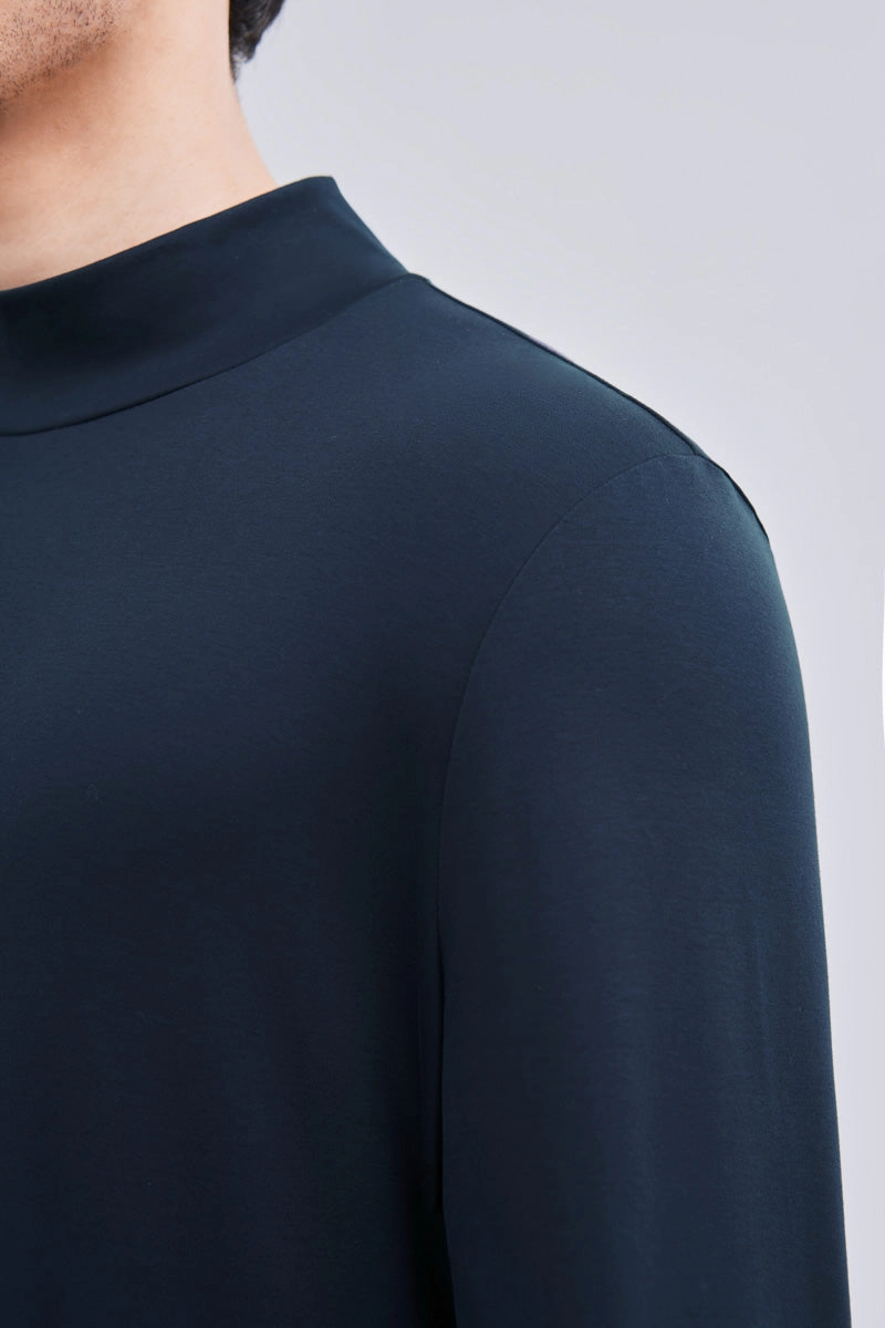 Cozy and Fashionable Sweat Absorbent HeatGuard Mock Neck Long Sleeve T-Shirt | Navy NNY096