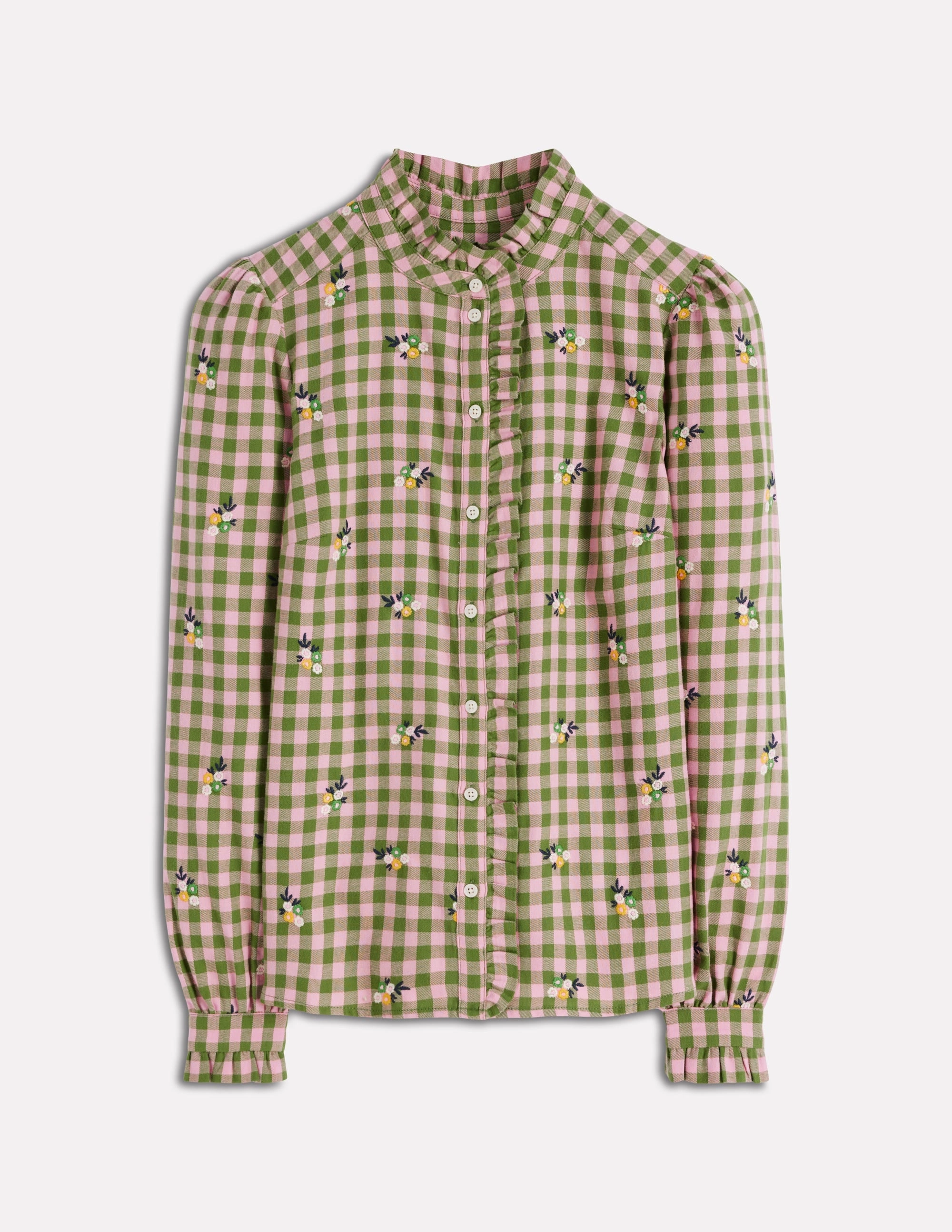 Helena Brushed Cotton Top-Green and Pink Floral Check Innovative Design Raw Edge Detail