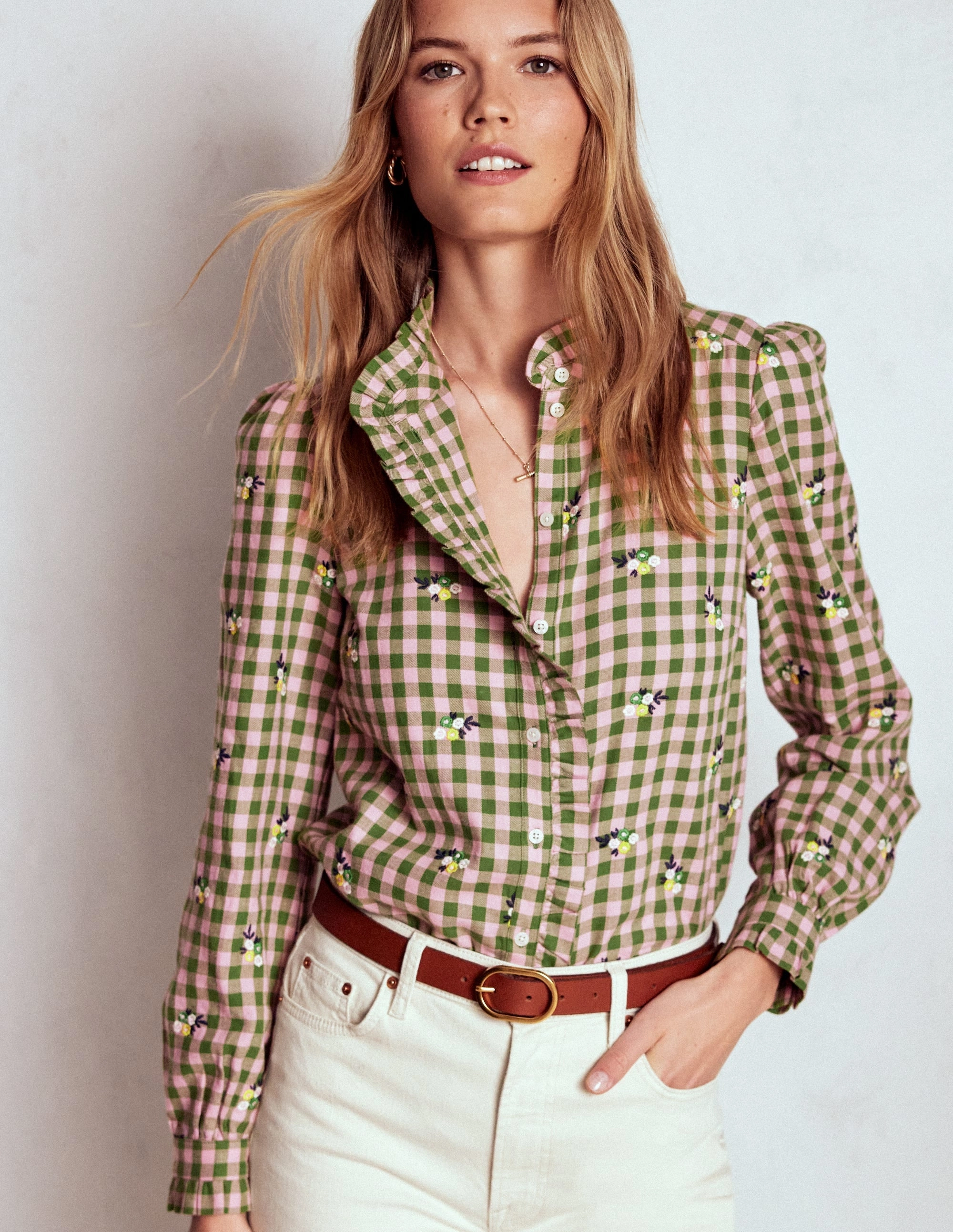 Helena Brushed Cotton Top-Green and Pink Floral Check Innovative Design High Neck Design Anti Pilling Fabric