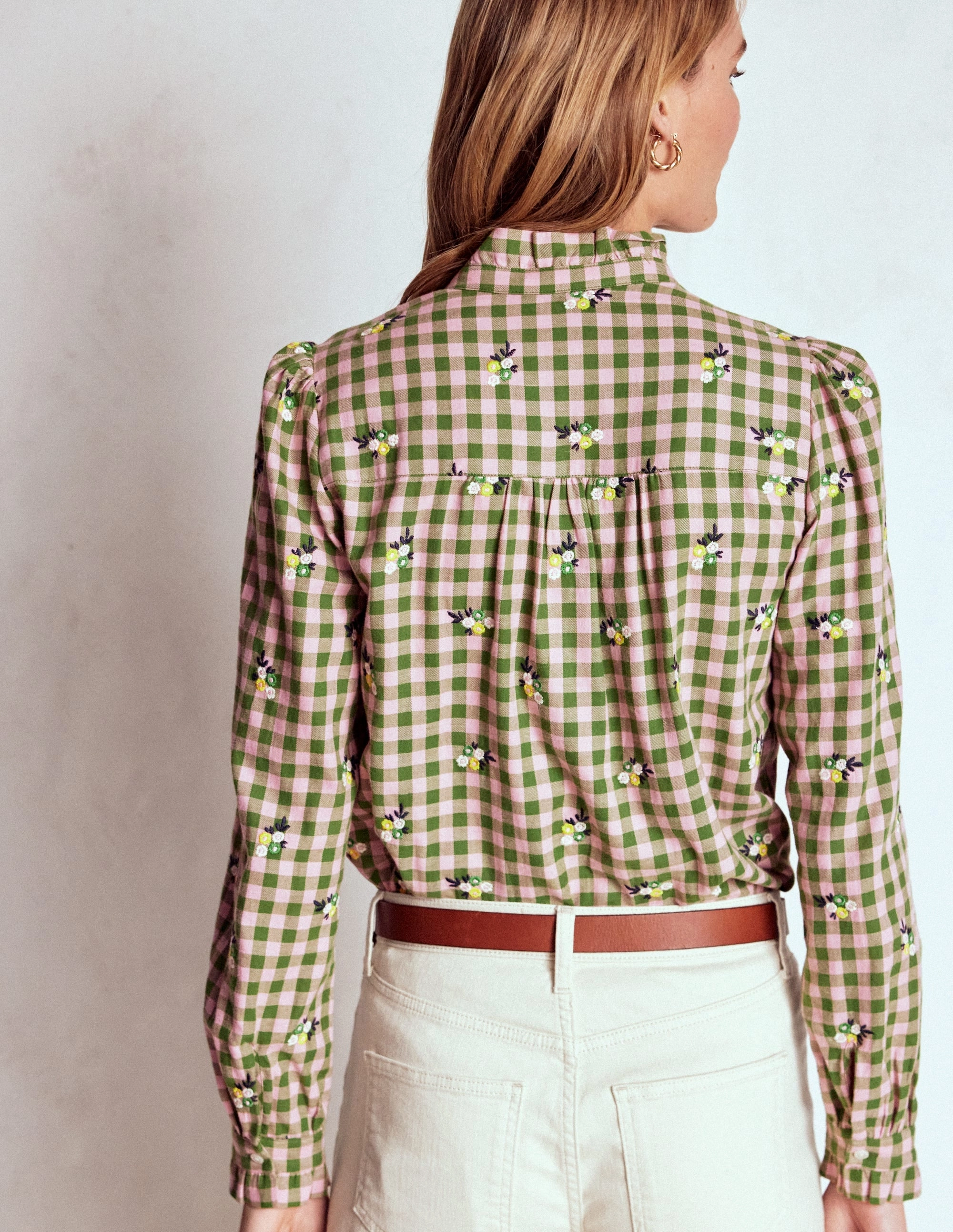 WideNeckOpening Helena Brushed Cotton Top-Green and Pink Floral Check Innovative Design