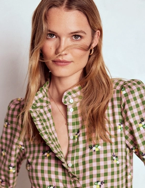 OdorResistantFinish Durable Interlock Stitch Helena Brushed Cotton Top-Green and Pink Floral Check Innovative Design