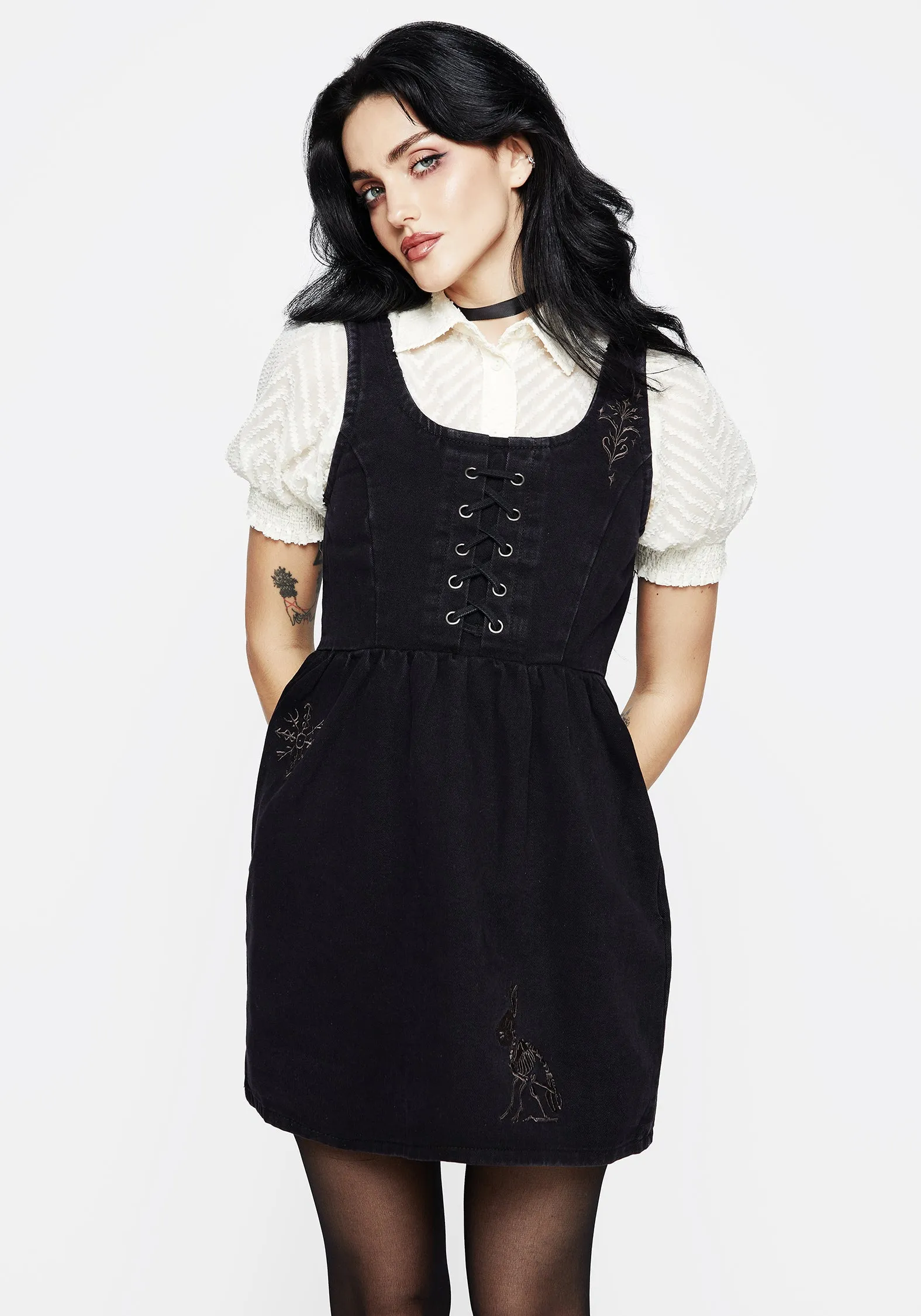 Hester Embroidered Lace Up Corset Mini Dress Match Quick Classic Wardrobe Piece