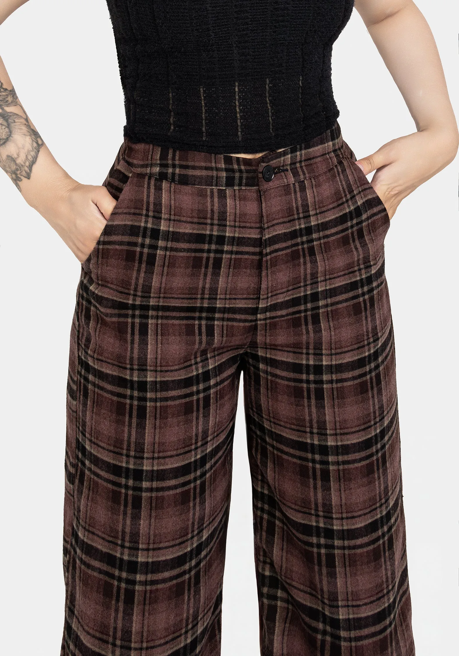 Durable Construction Double Layered Hem Hickory Check Straight Leg Trousers