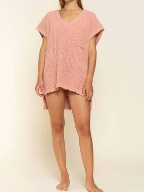 High-Low Short Sleeve Chenille Sweater In Salmon Pink Ultimate Warmth Basic Must-Have