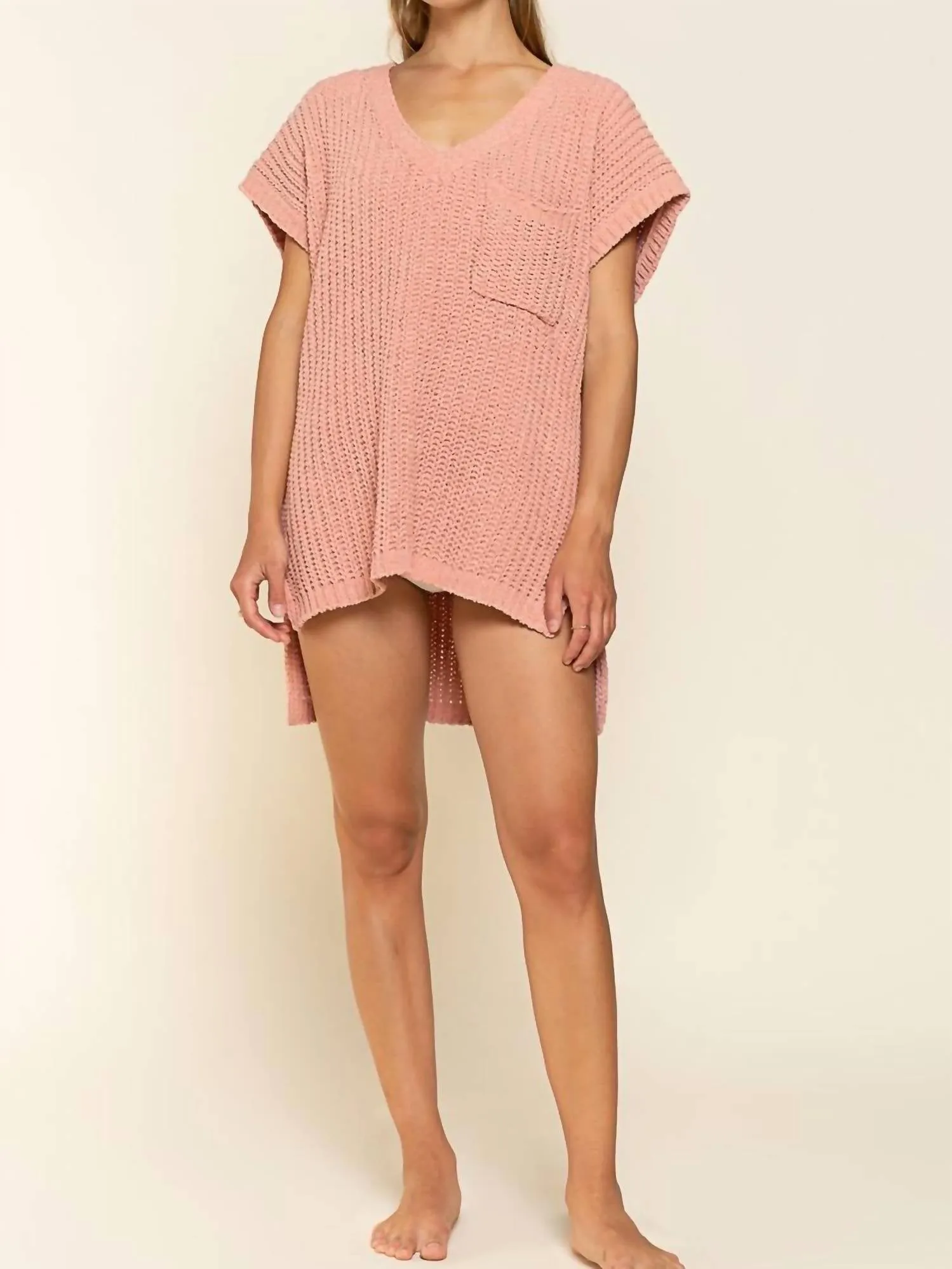 Winter-Ready Fashion Anti Static Treatment High-Low Short Sleeve Chenille Sweater In Salmon Pink