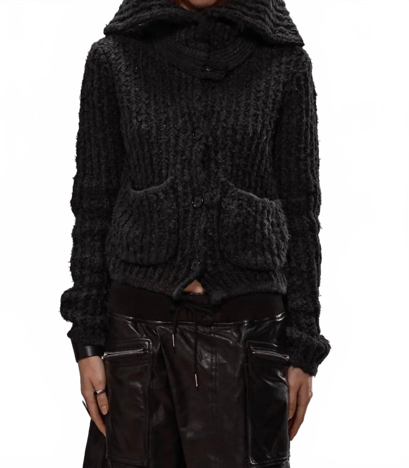 High Neck Shrunken Cardigan Sweater In Washed Black Essential Knit Style