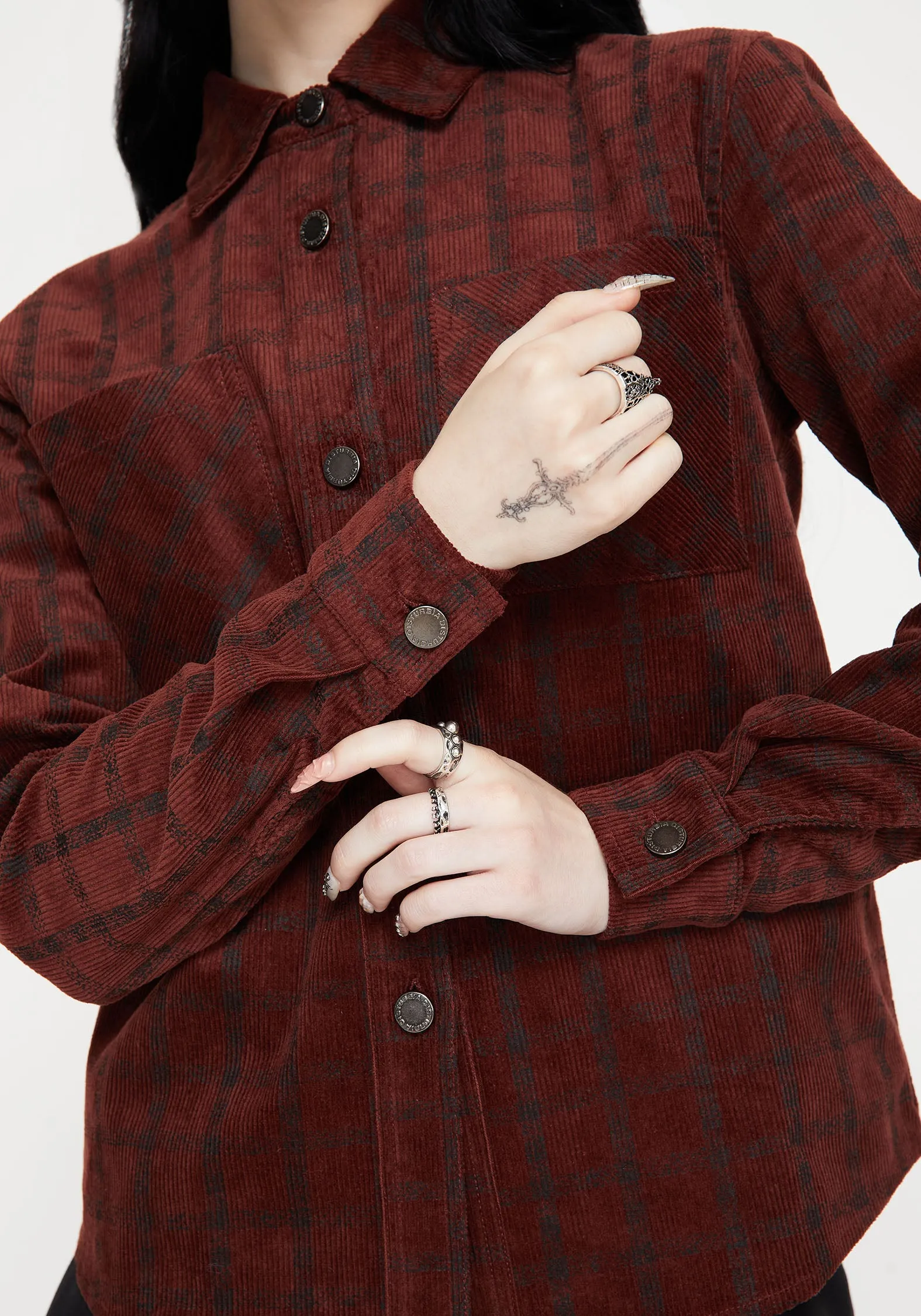 Minimalist Aesthetic Street Fashion Terracotta Check Cord Shirt