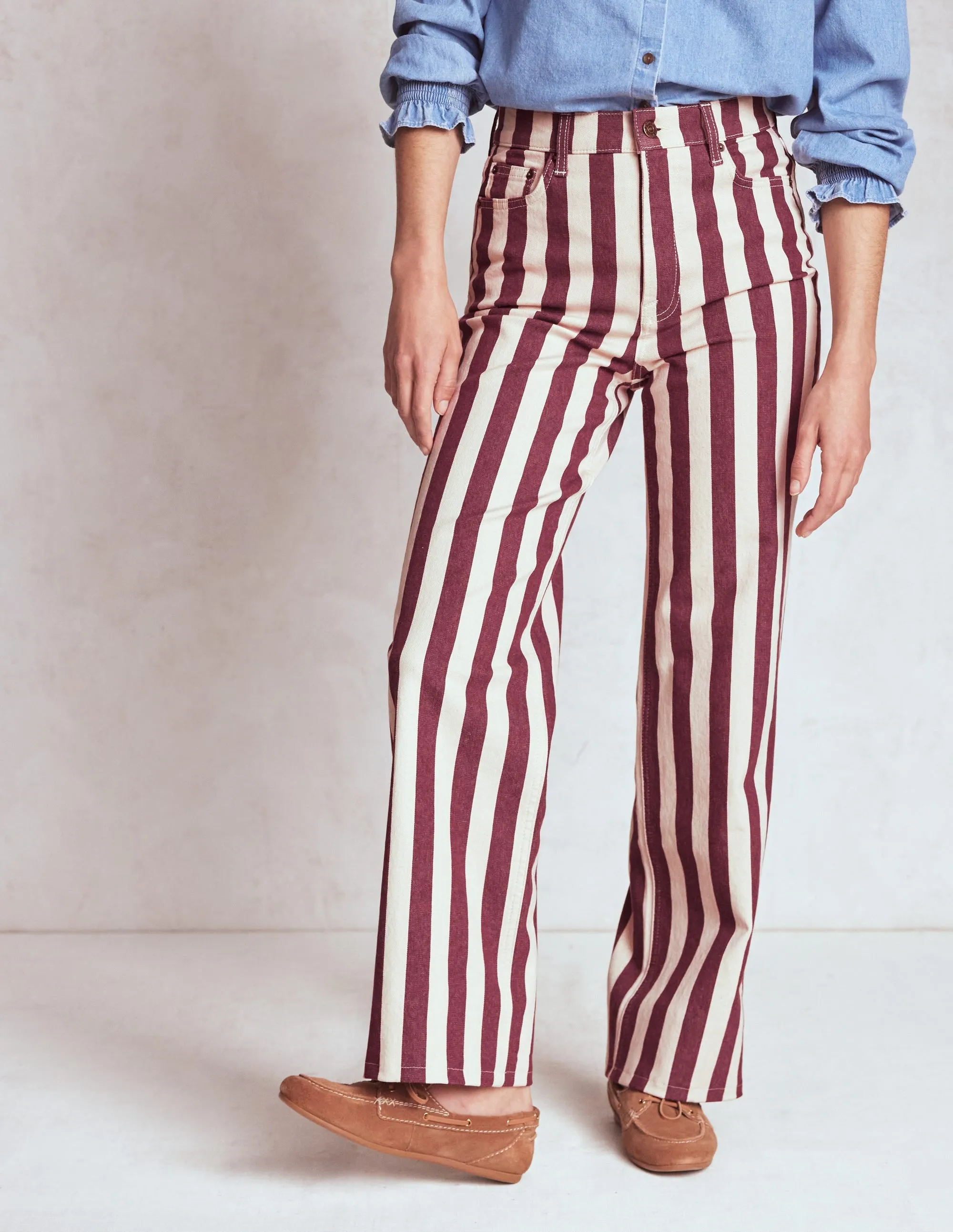 Anti Pilling High Rise Column Leg Jeans-Maroon and Ivory Stripe