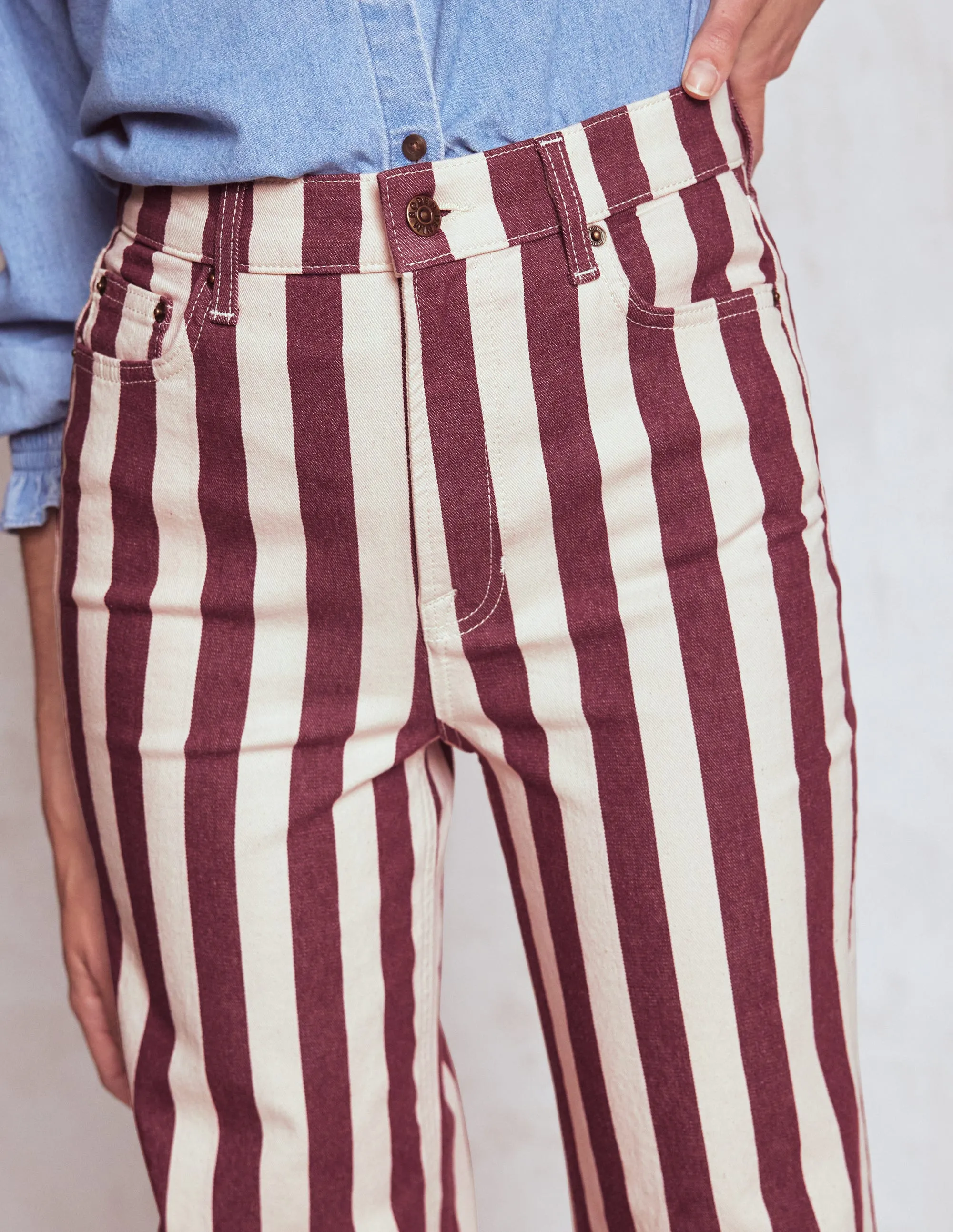 High Rise Column Leg Jeans-Maroon and Ivory Stripe Breathable mesh design