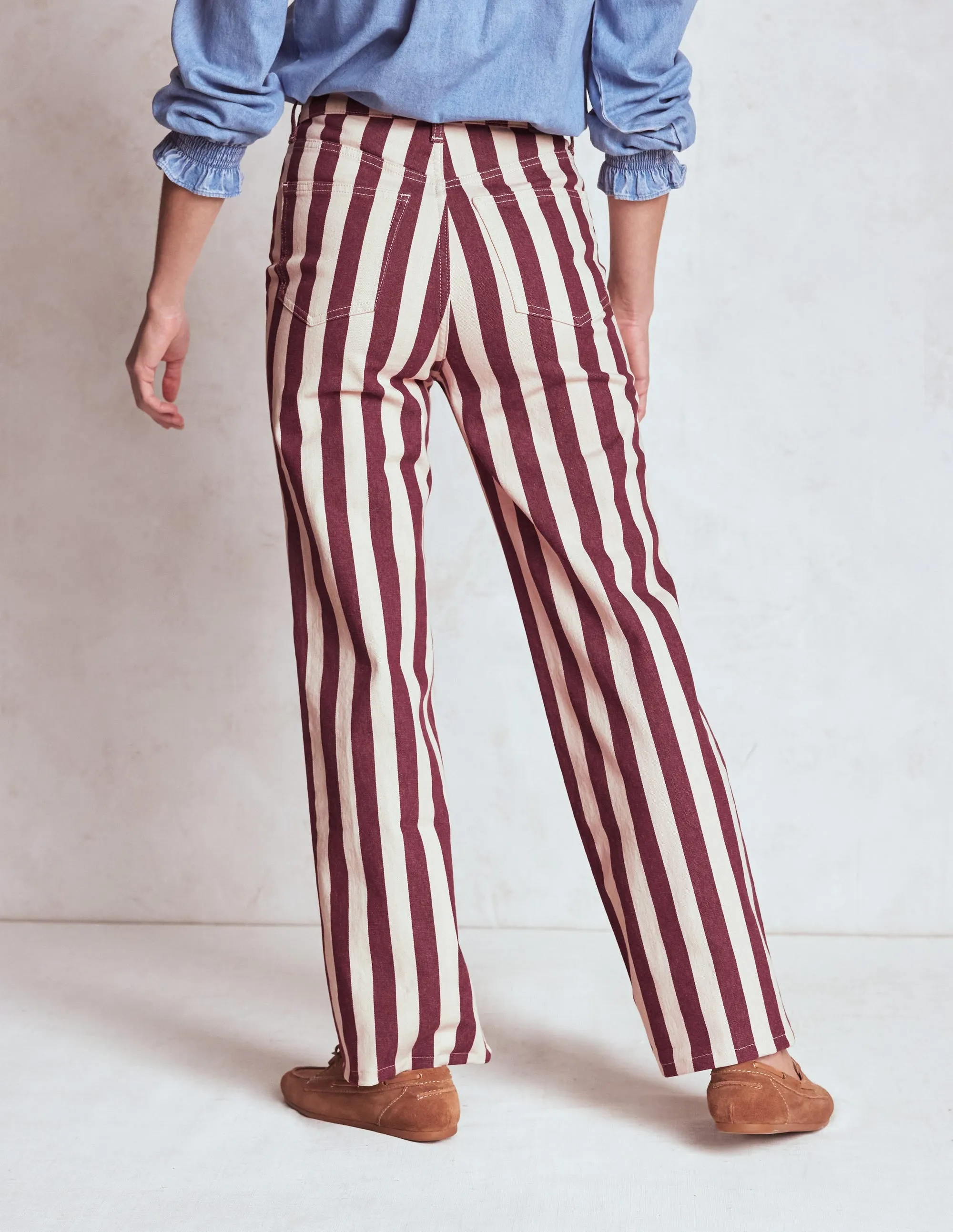 Sweat Wicking Liner High Rise Column Leg Jeans-Maroon and Ivory Stripe