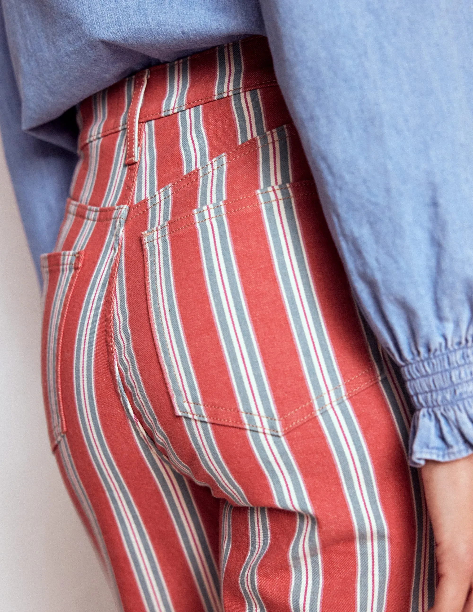 High Rise Stripe Jeans-Red, Blue and Pink Stripe Raw edge