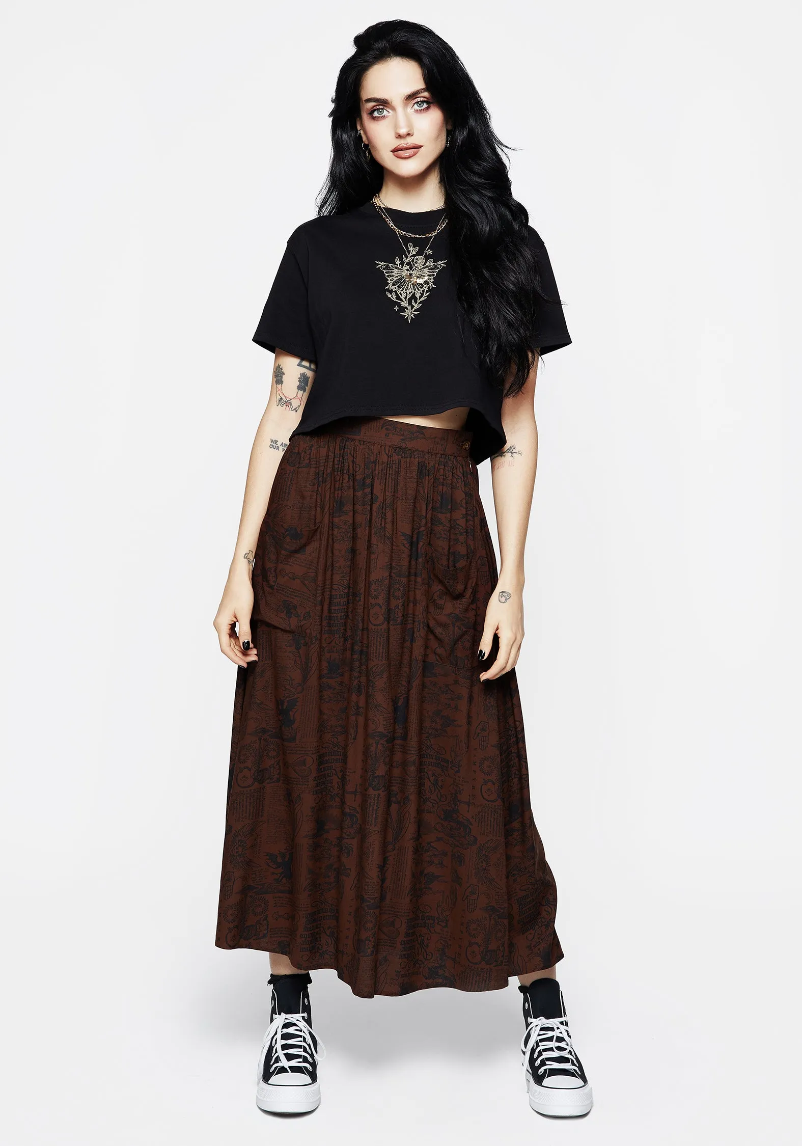 Simple Layer Tonal Look Daemonologie Woodcut Print Midaxi Skirt