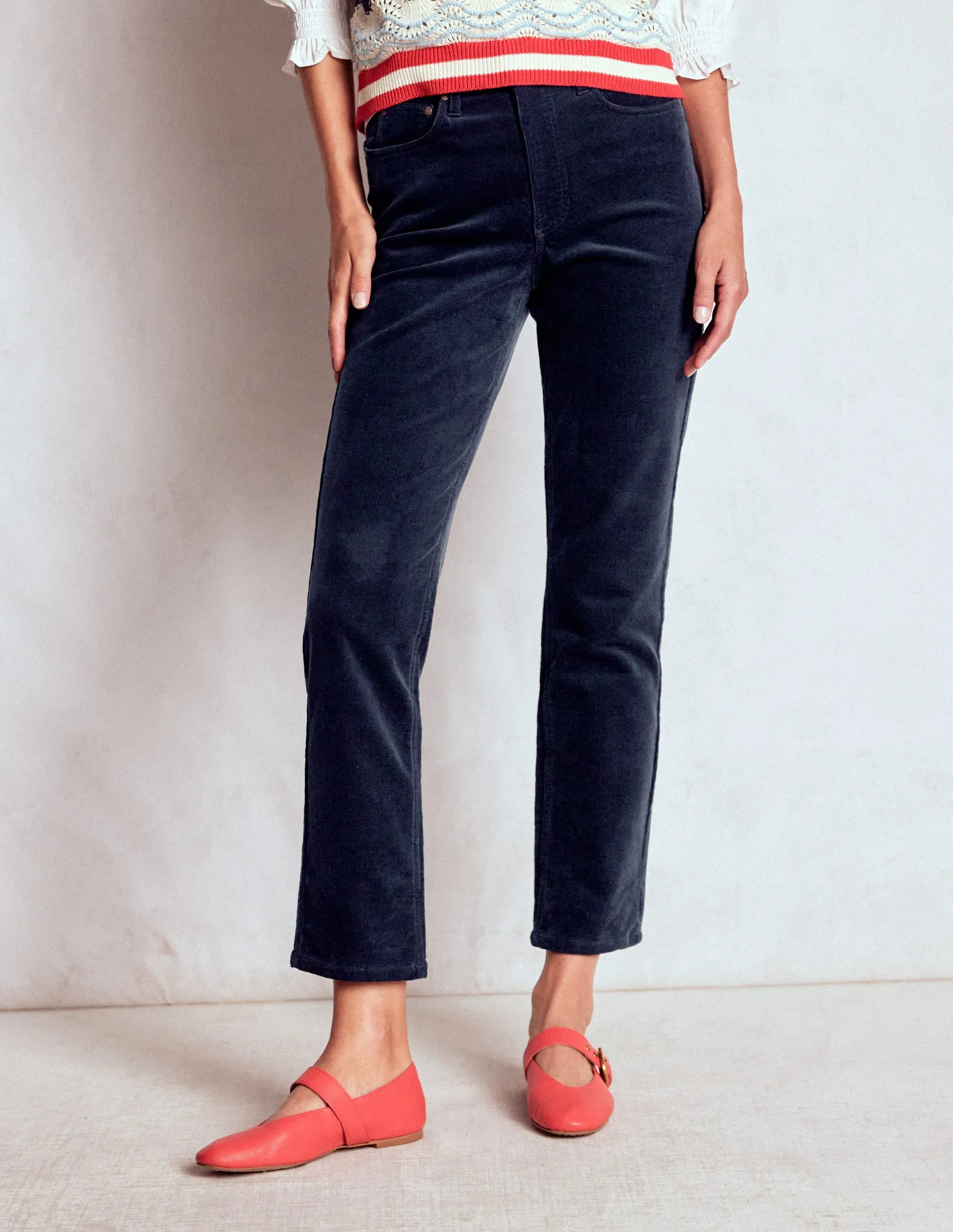 High-Waisted Cord Slim Jeans-Navy Breathable Performance Wear