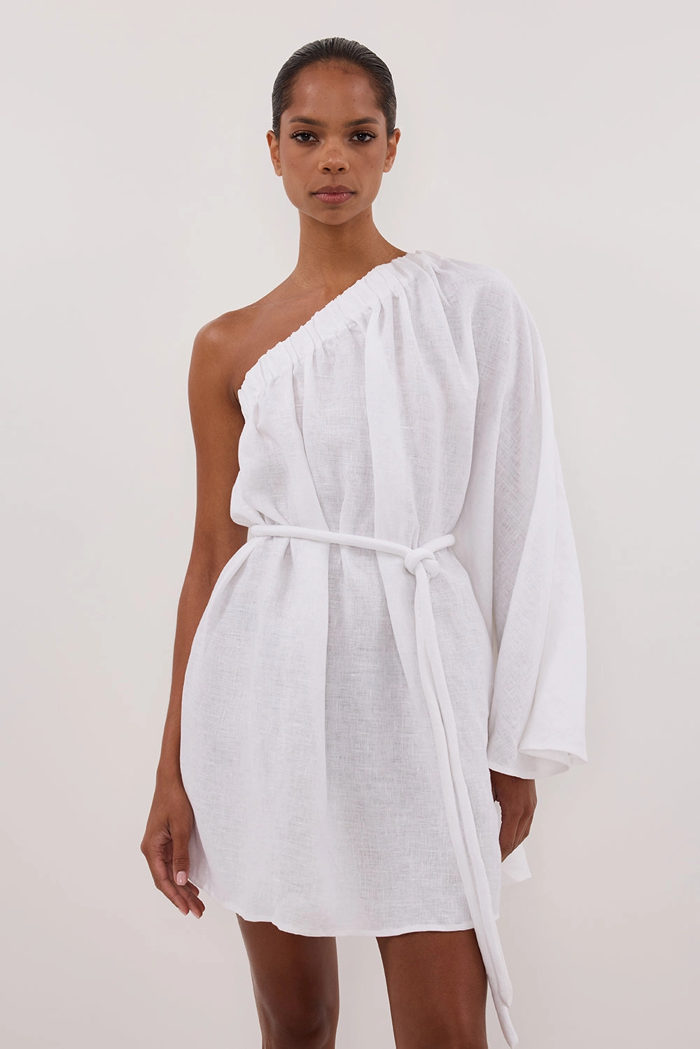 Noble Aura AURELIA WHITE ASYM LINEN MINI DRESS