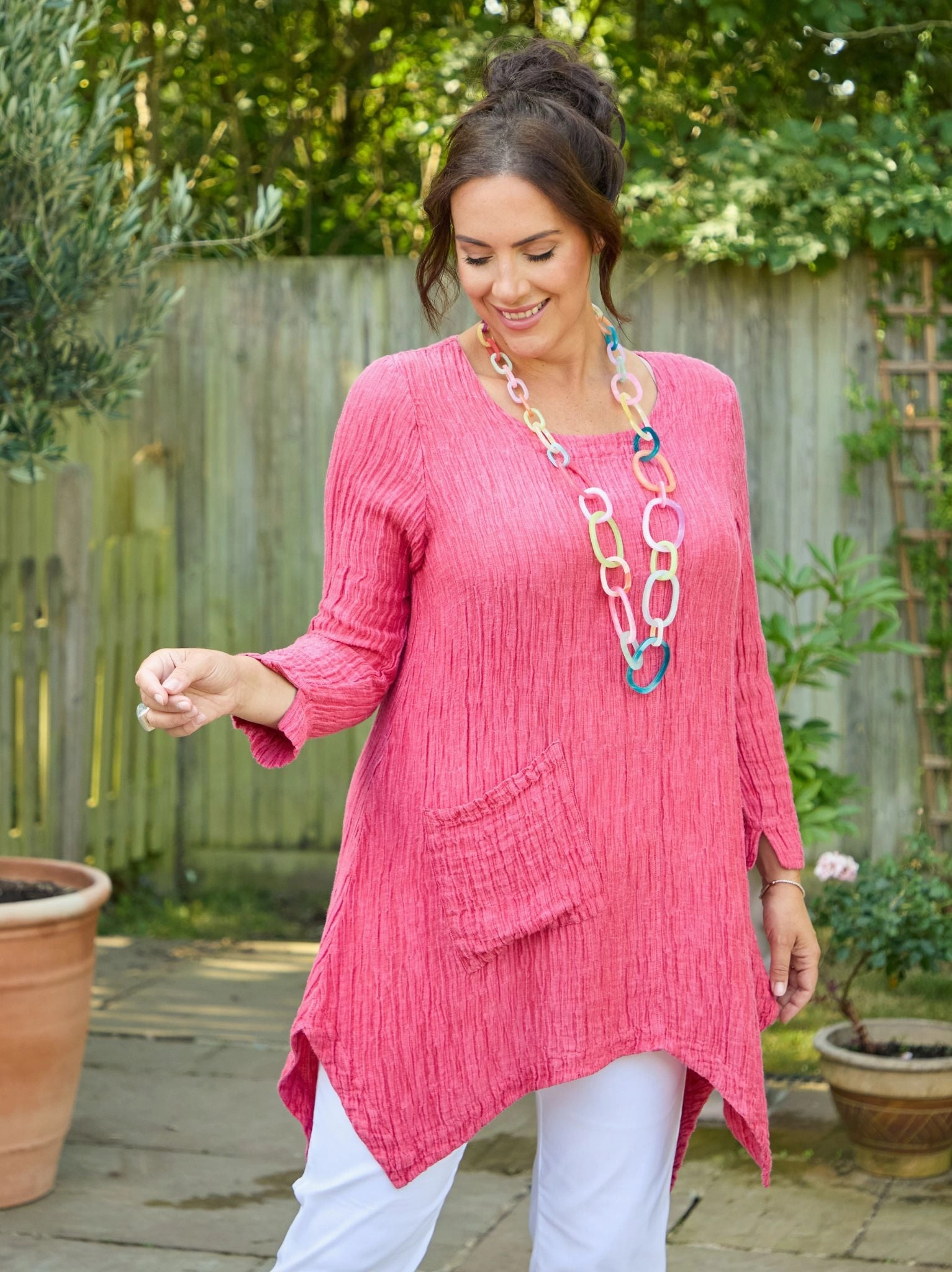 Flexible Ribbed Cuffs GRIZAS Takara Linen/Silk Top - Raspberry
