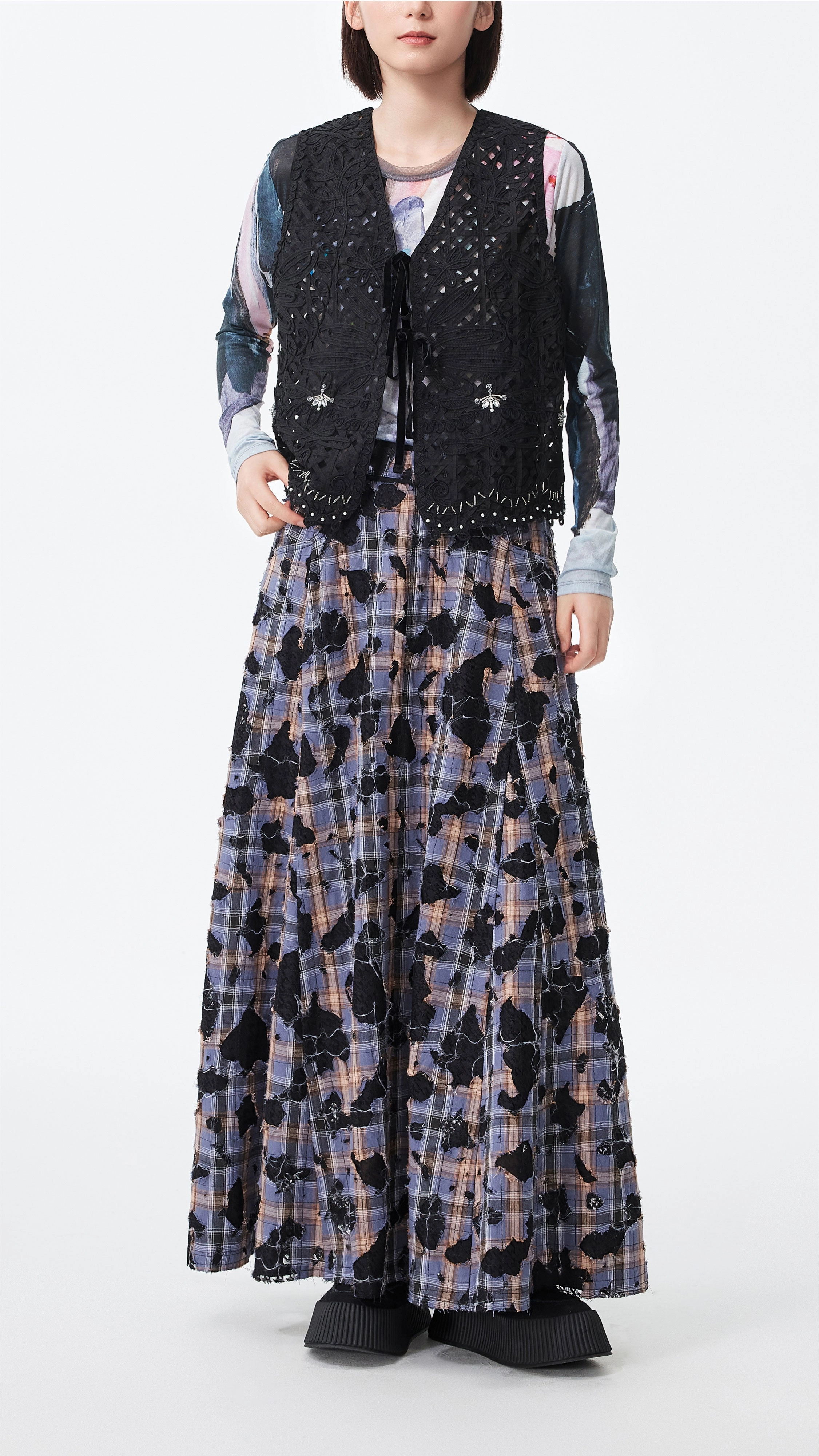 Foldable Packability Patchwork Lace Flare Skirt