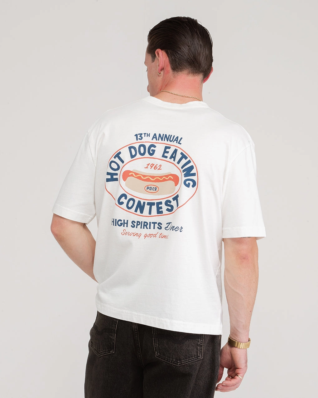 High Spirits Diner Boxy T-Shirt - Off White Easy Fit Wear Reversible Design Concept
