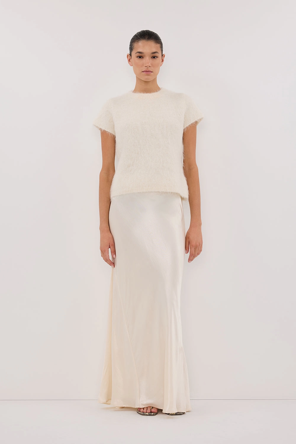 CHARLI CREAM SATIN MAXI SKIRT Stretchy ruffle trim