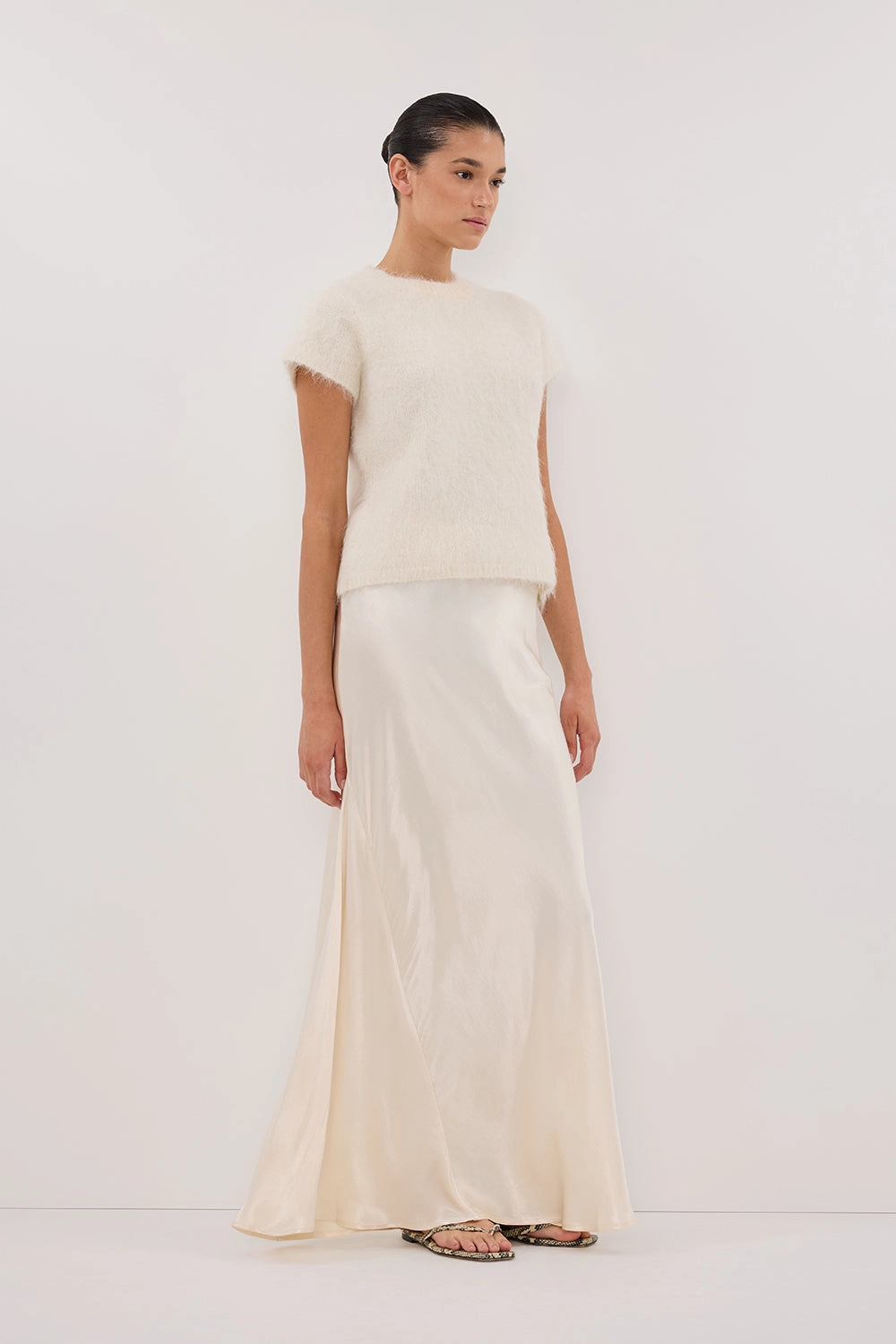 Weekend Style Detachable Tie CHARLI CREAM SATIN MAXI SKIRT