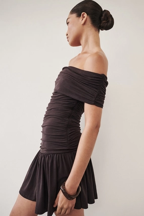 FEZ BURNT CHOC OFF SHOULDER MINI DRESS Fall Silhouette