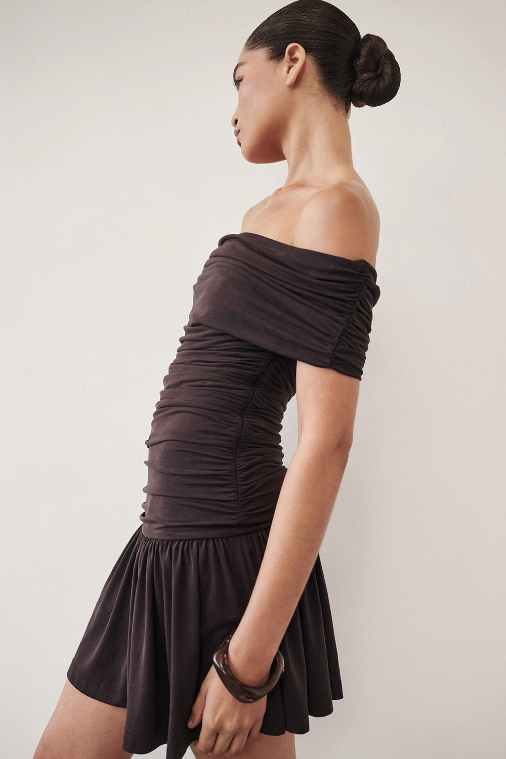 FEZ BURNT CHOC OFF SHOULDER MINI DRESS Fall Silhouette