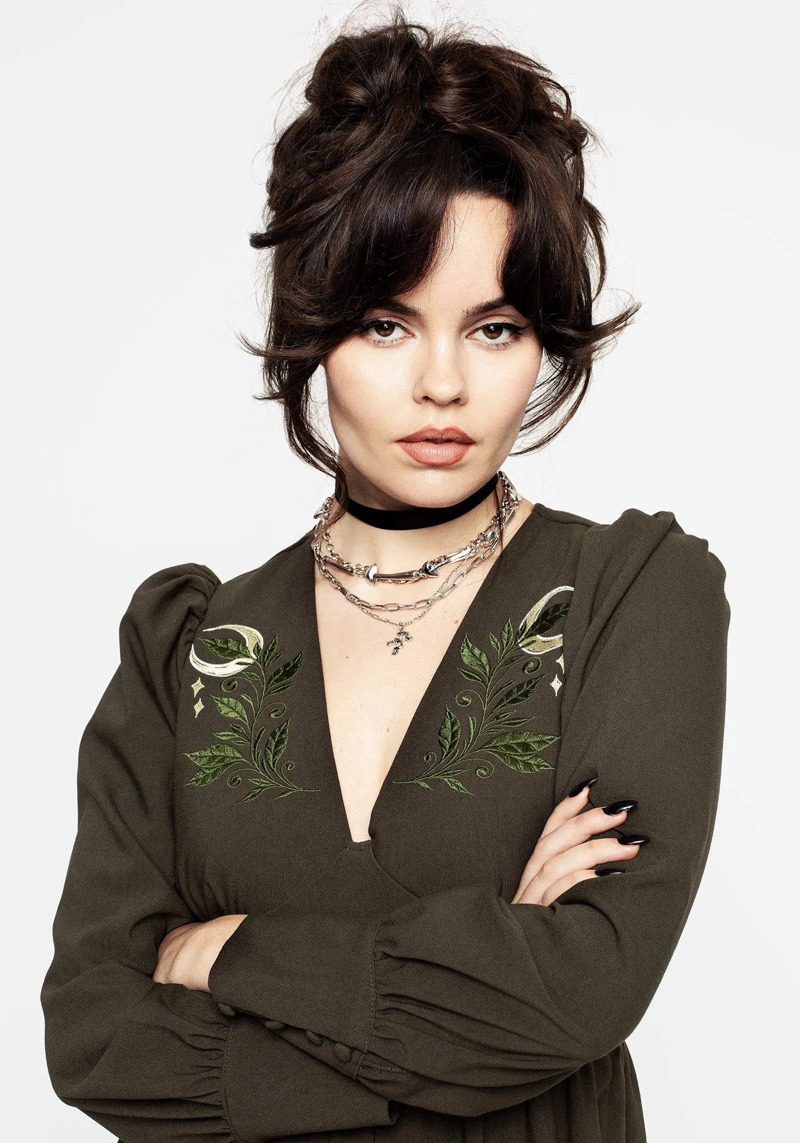 Huldra Embroidered Midi Dress Form Fit Elastic-Cuff