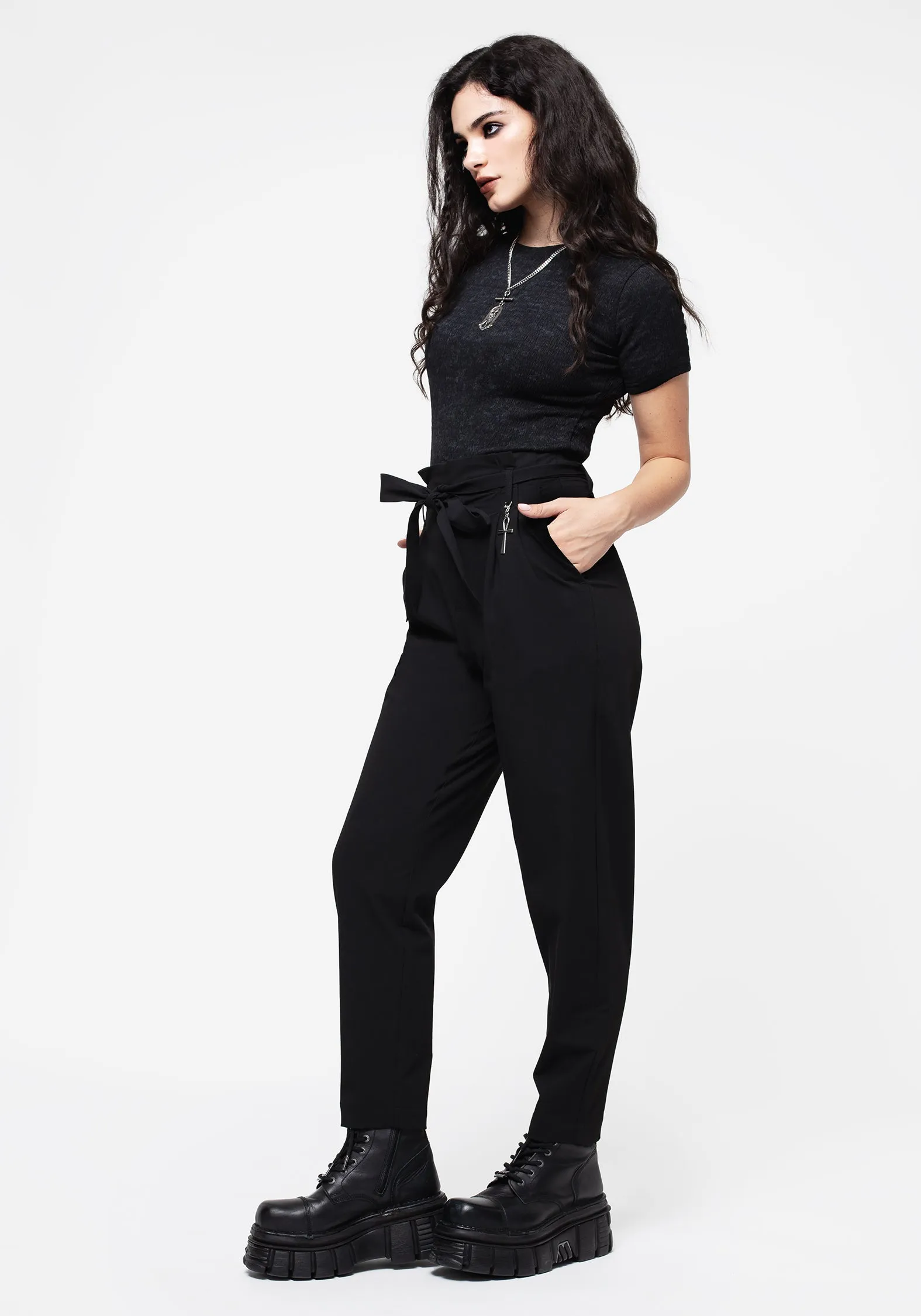 Dinza Tie Waist Tapered Trousers Day Comfort