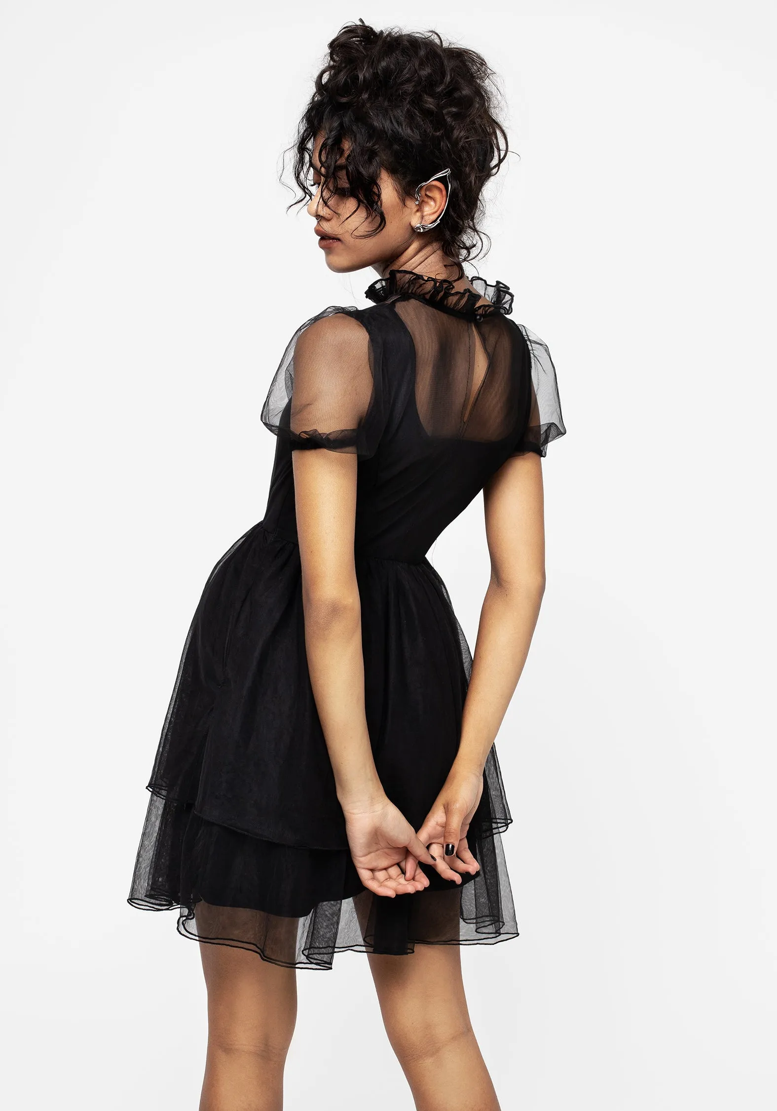 Hysteria Butterfly Applique Frill Neck Tulle Mini Dress Relaxed Style