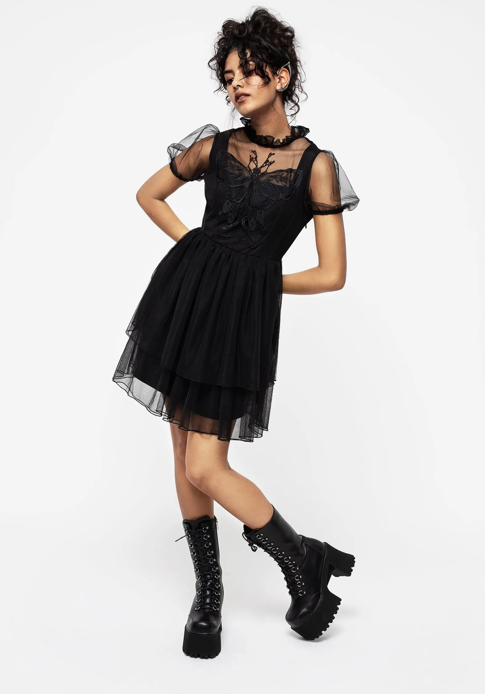City Layers Perfect For Work Hysteria Butterfly Applique Frill Neck Tulle Mini Dress