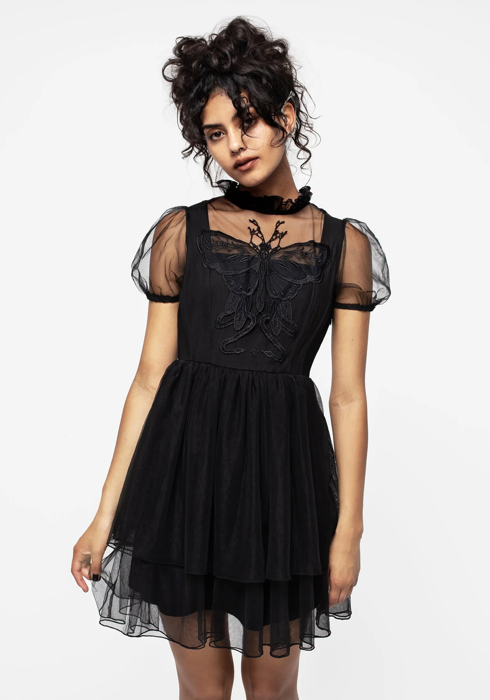 Hysteria Butterfly Applique Frill Neck Tulle Mini Dress Basic Shape Bare Arm