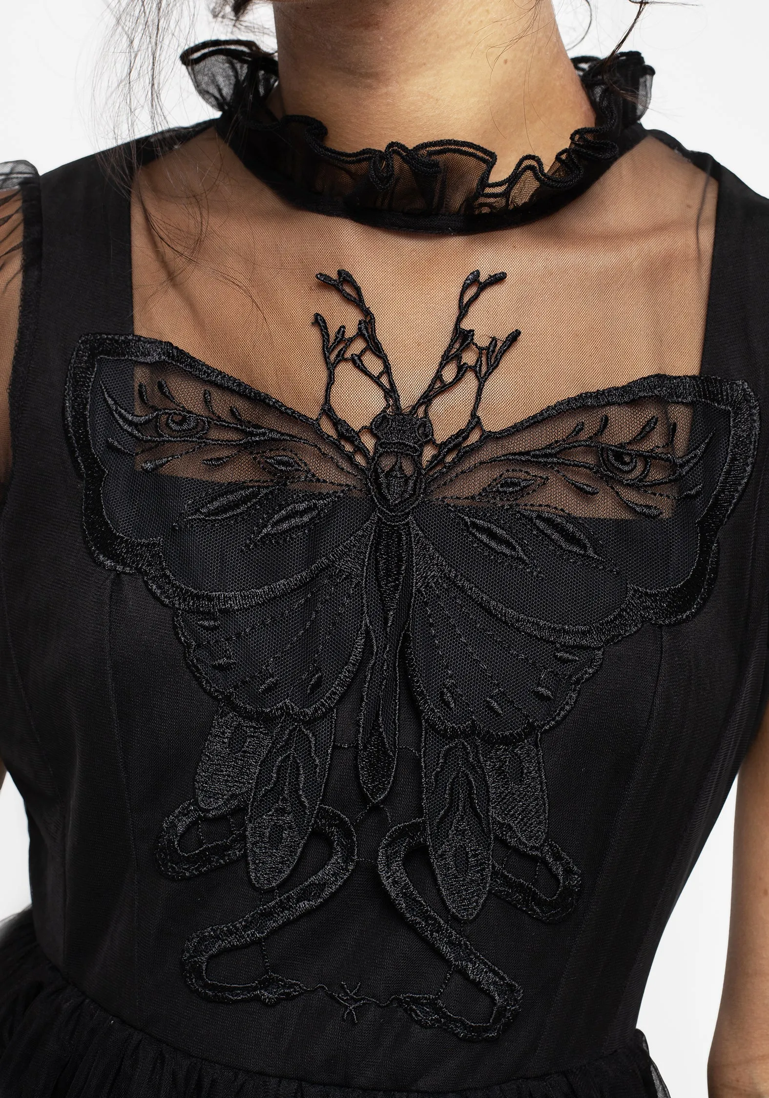 Bust-Enhancing Hysteria Butterfly Applique Frill Neck Tulle Mini Dress